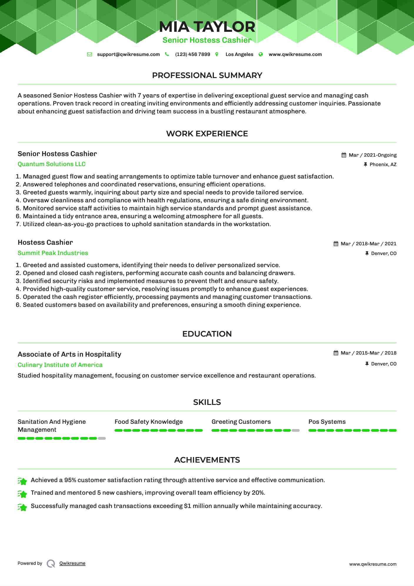 Senior Hostess Cashier Resume Sample