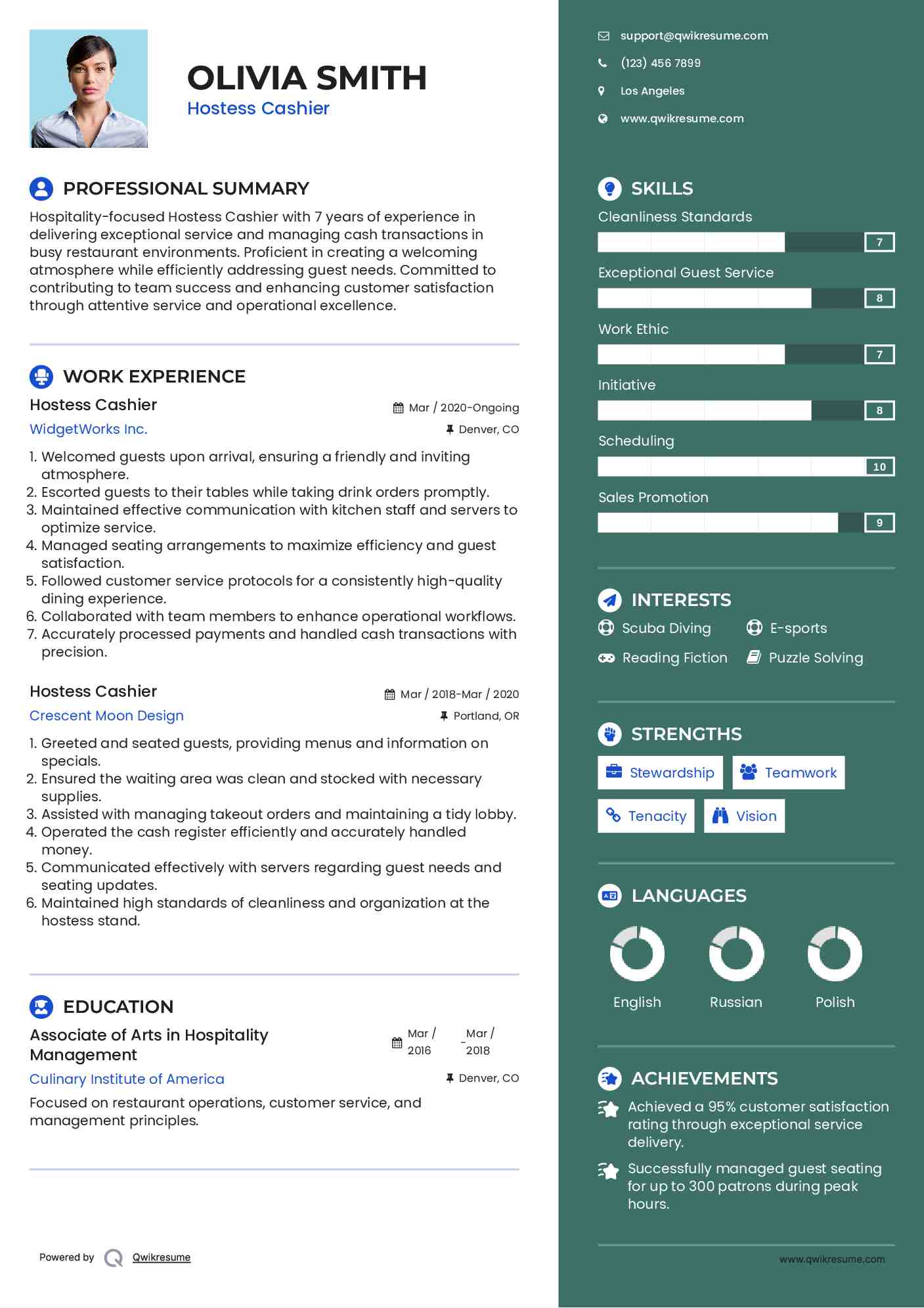 Hostess Cashier Resume Example