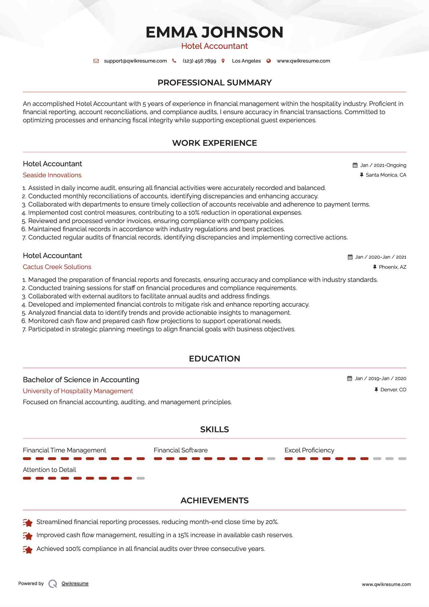 Hotel Accountant Resume Model