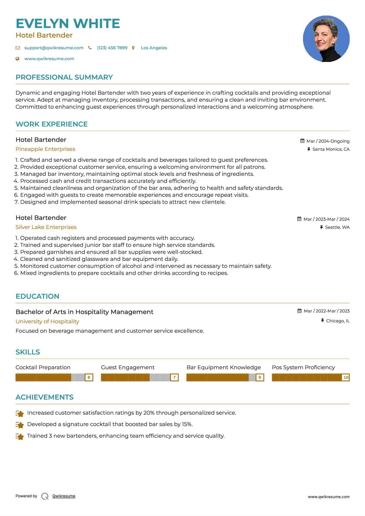Hotel Bartender Resume Sample