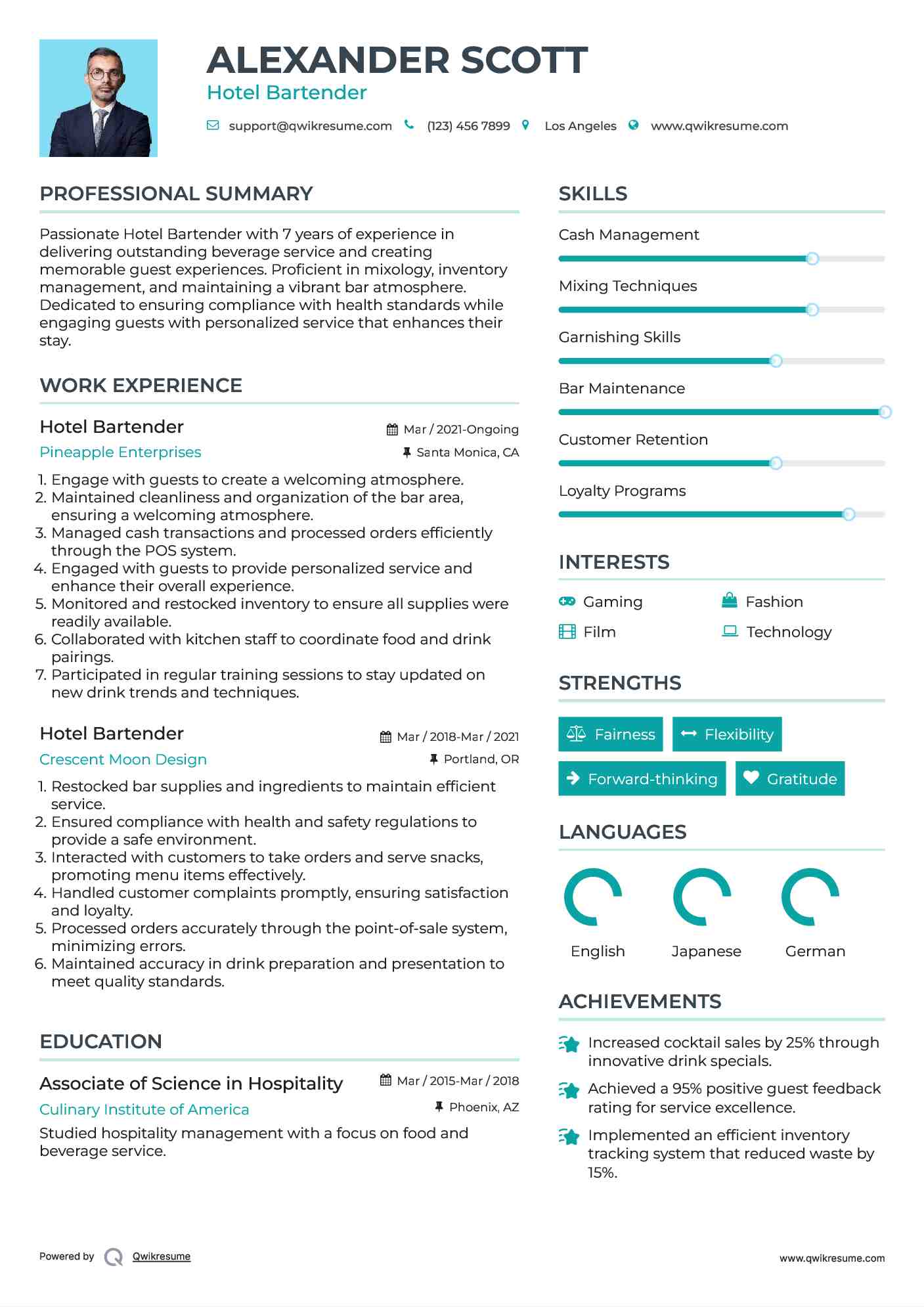 Hotel Bartender Resume Format