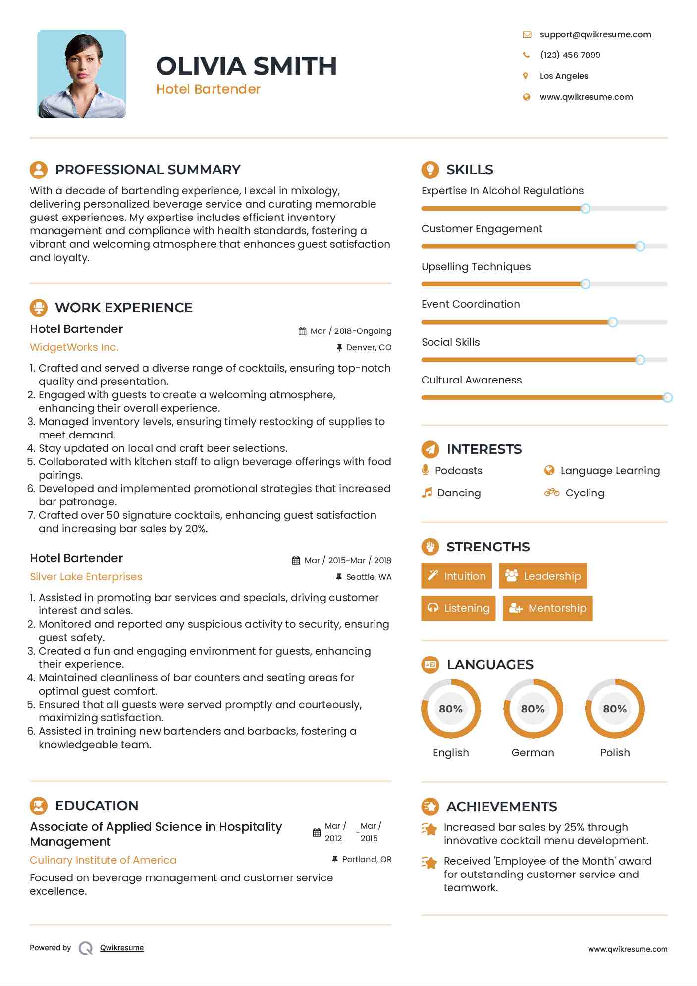 Hotel Bartender Resume Template