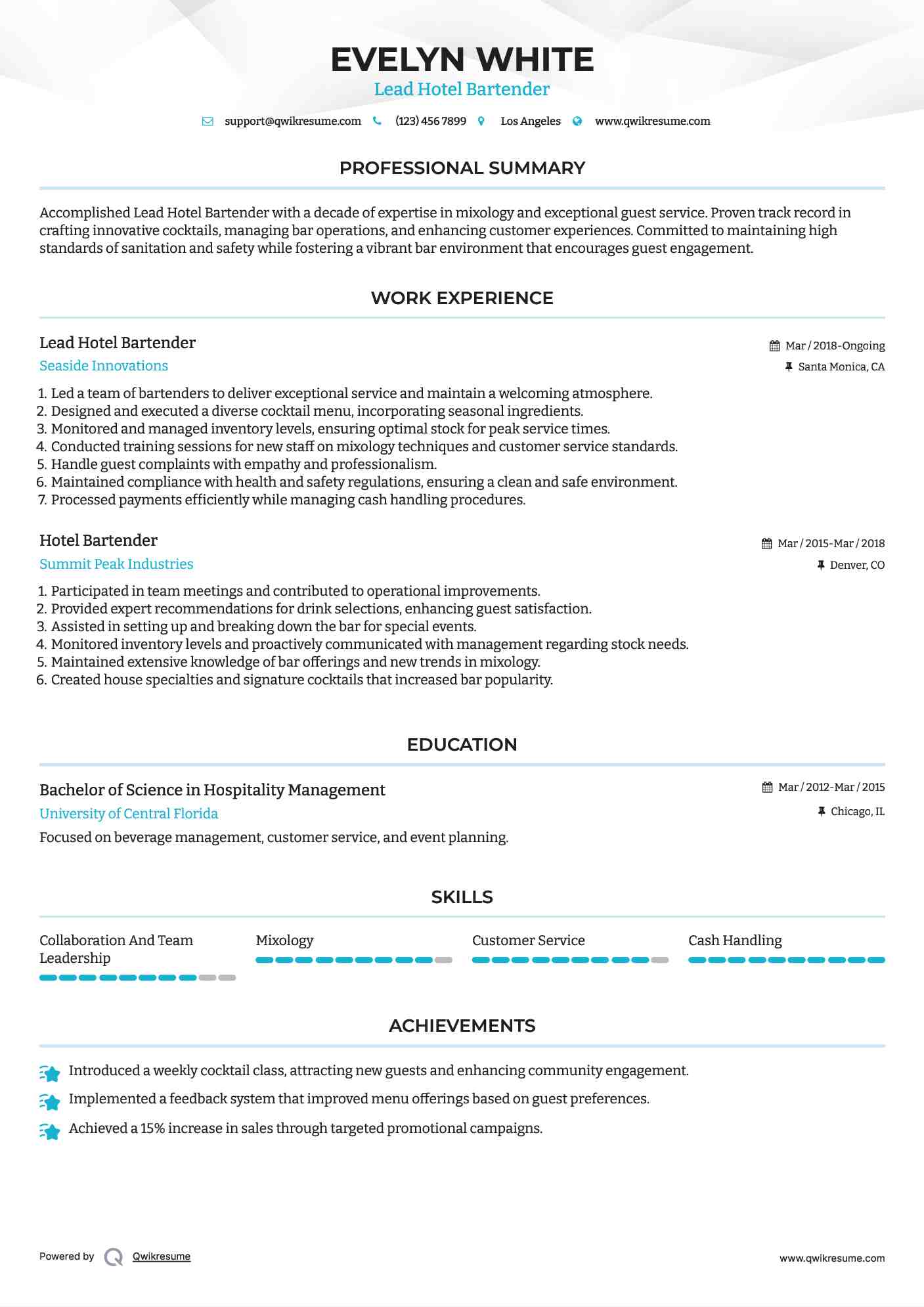 Lead Hotel Bartender Resume Sample