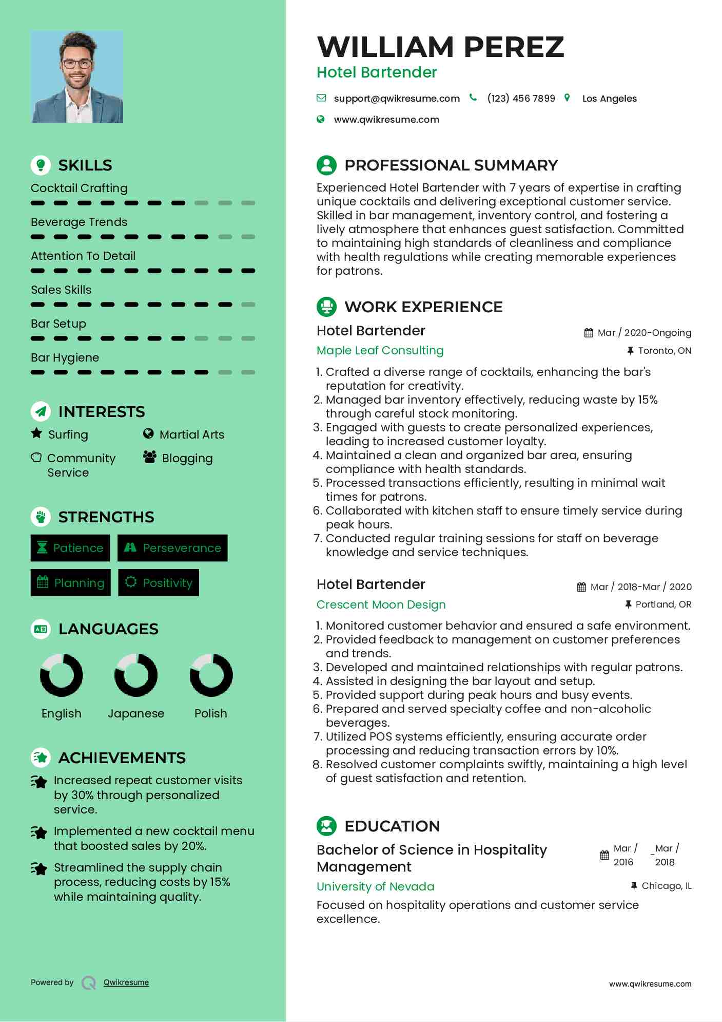 Hotel Bartender Resume Sample