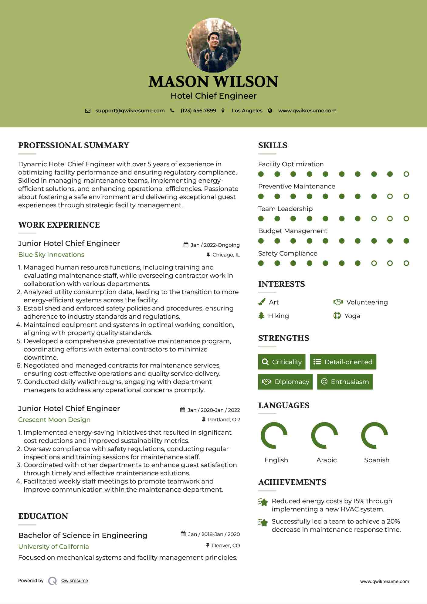 Junior Hotel Chief Engineer Resume Model