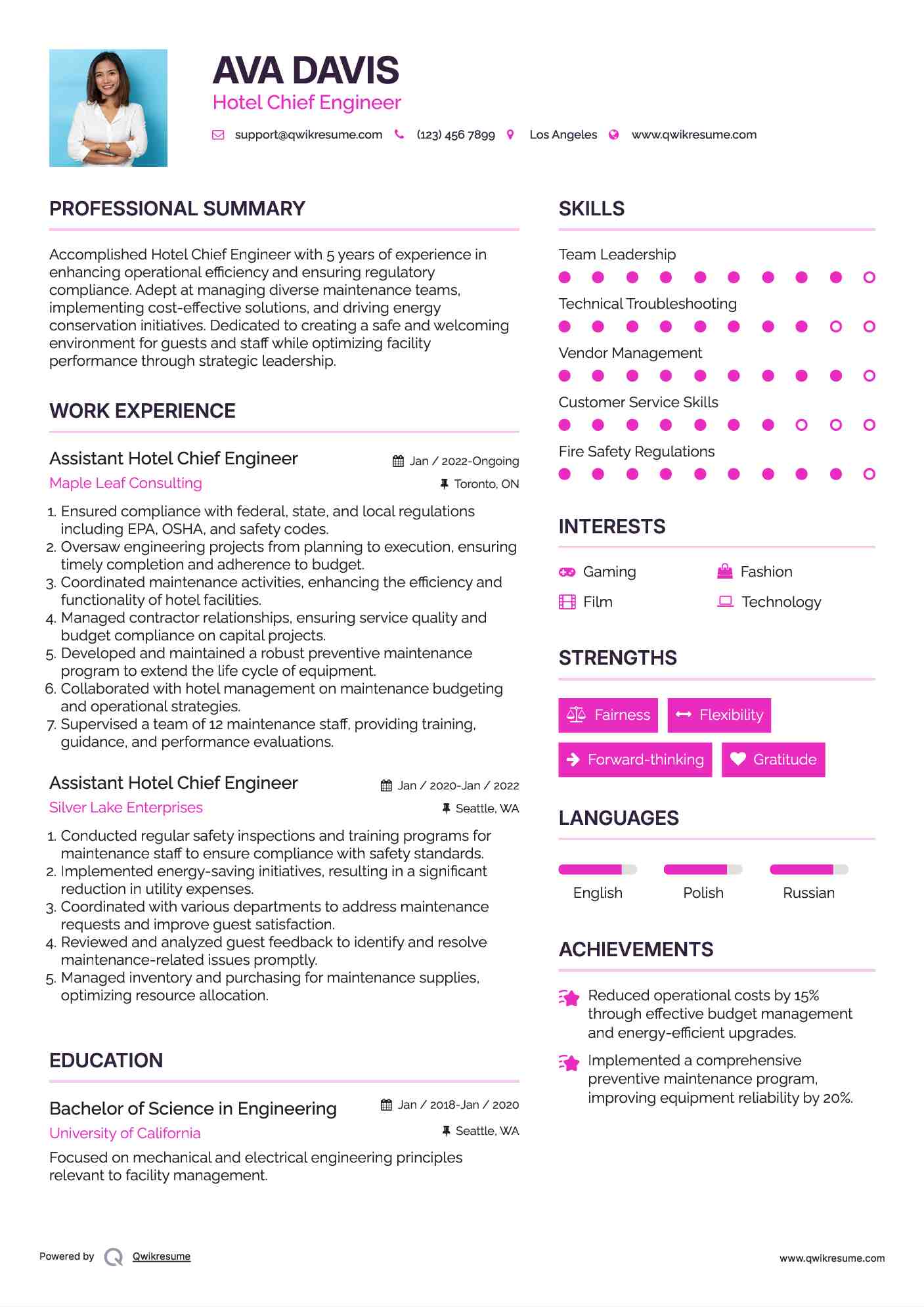 Assistant Hotel Chief Engineer Resume Example