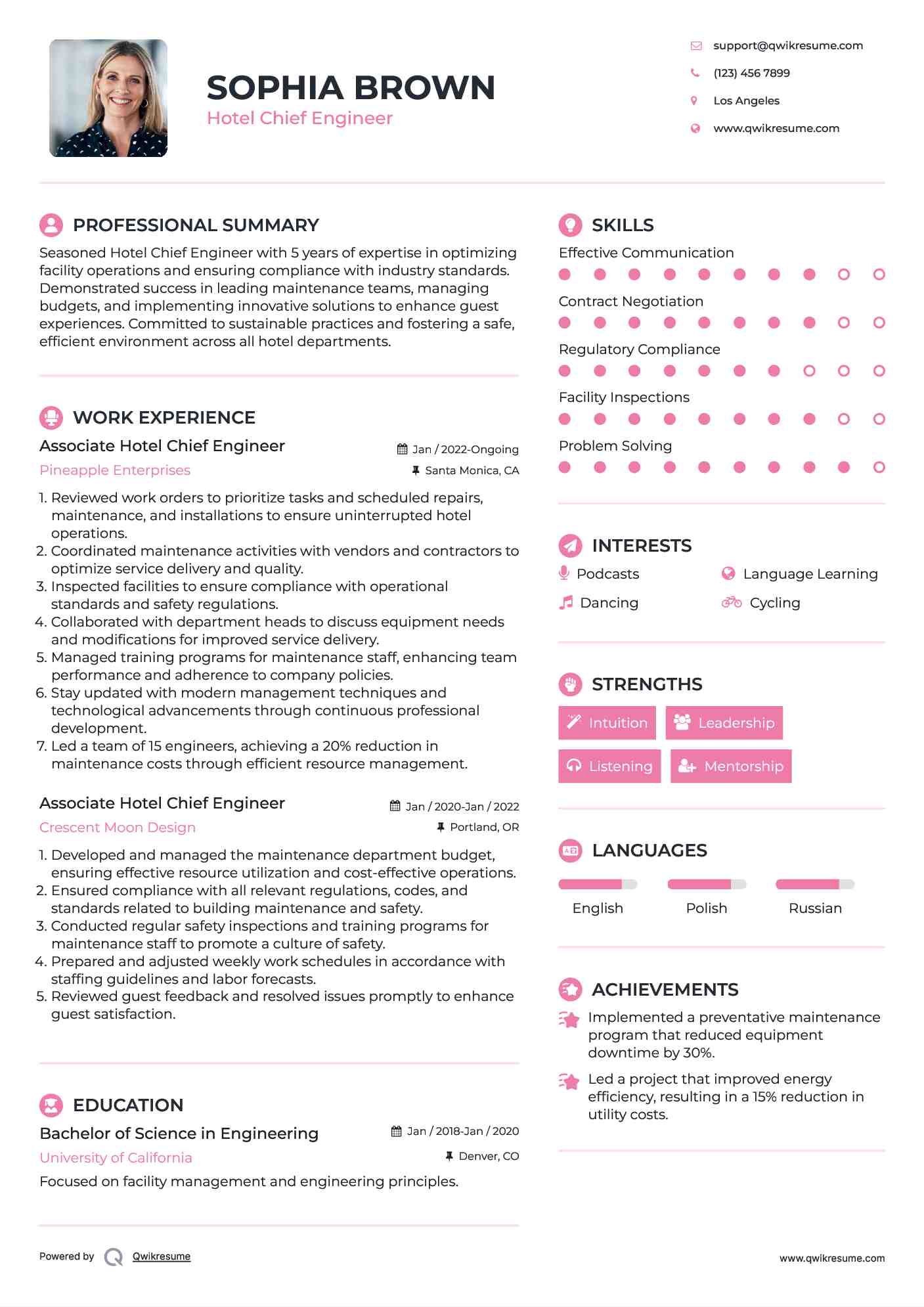 Associate Hotel Chief Engineer Resume Model