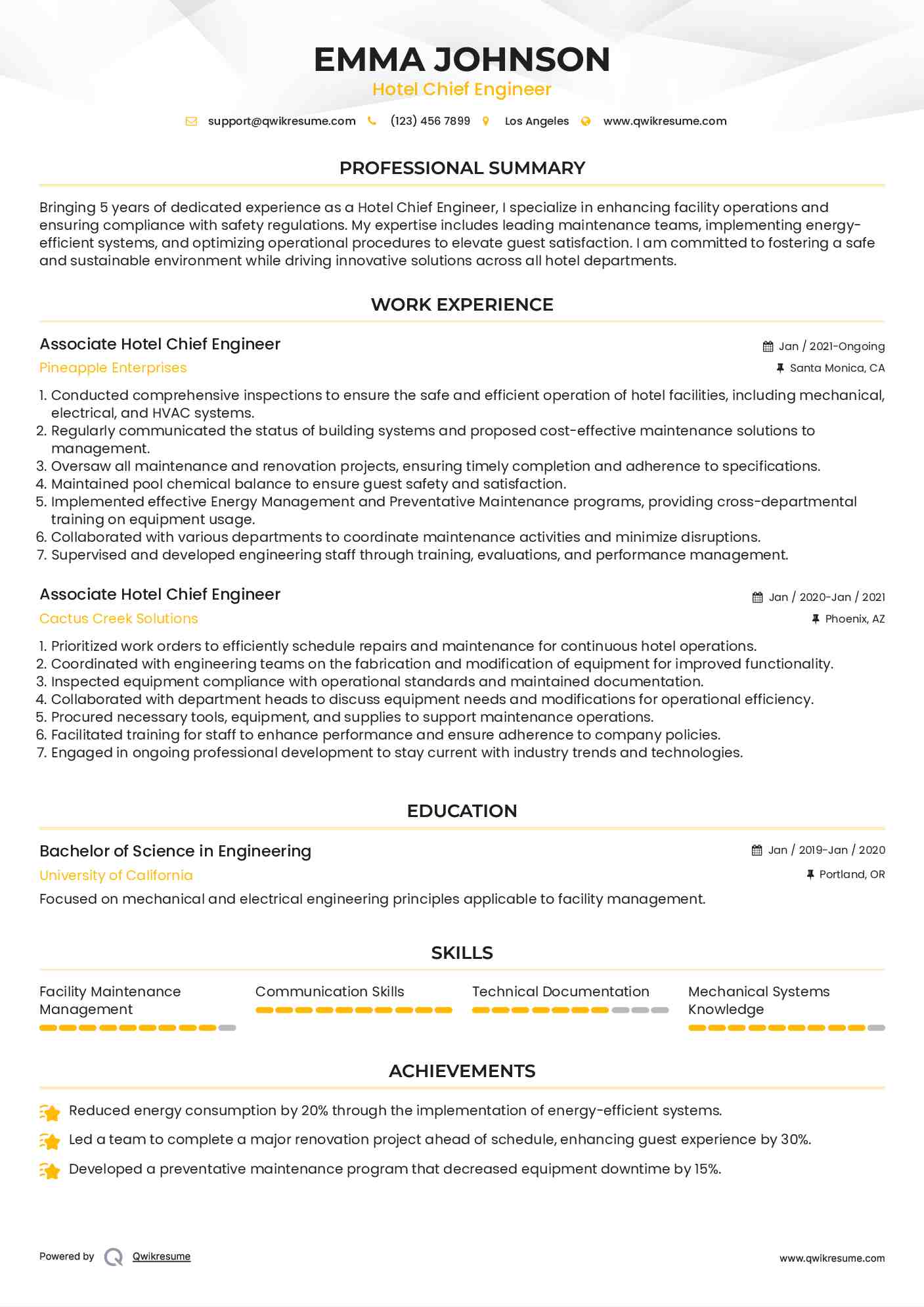 Associate Hotel Chief Engineer Resume Format