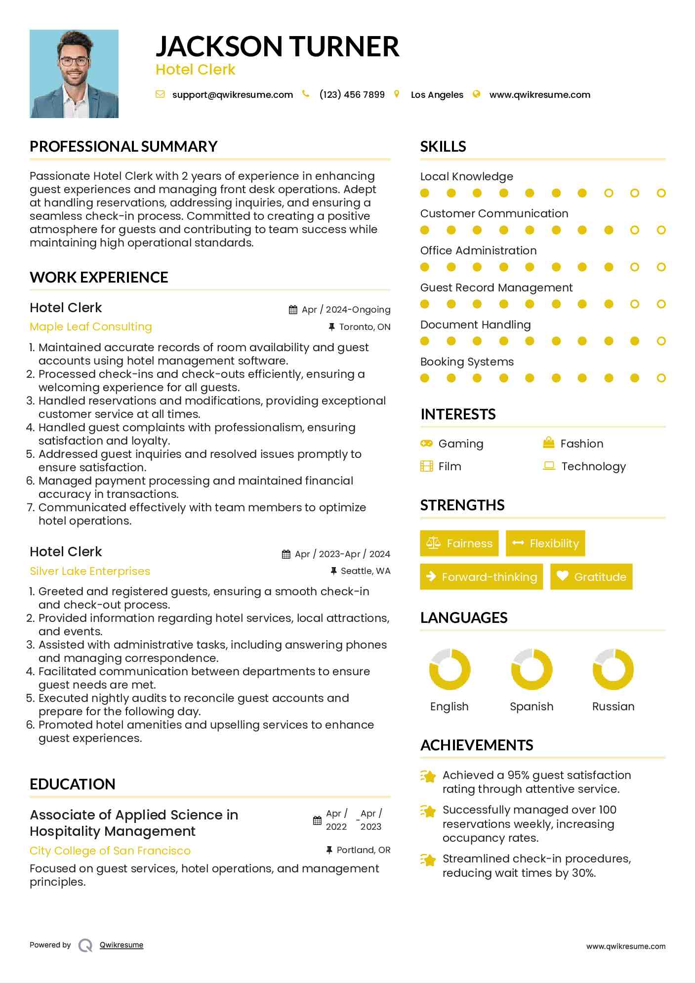 Hotel Clerk Resume Example