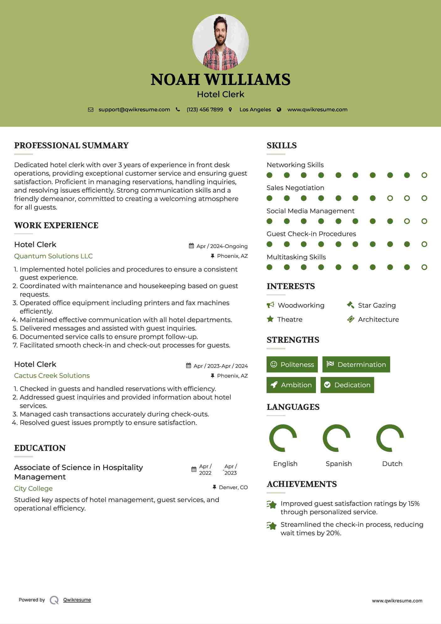 Hotel Clerk Resume Example