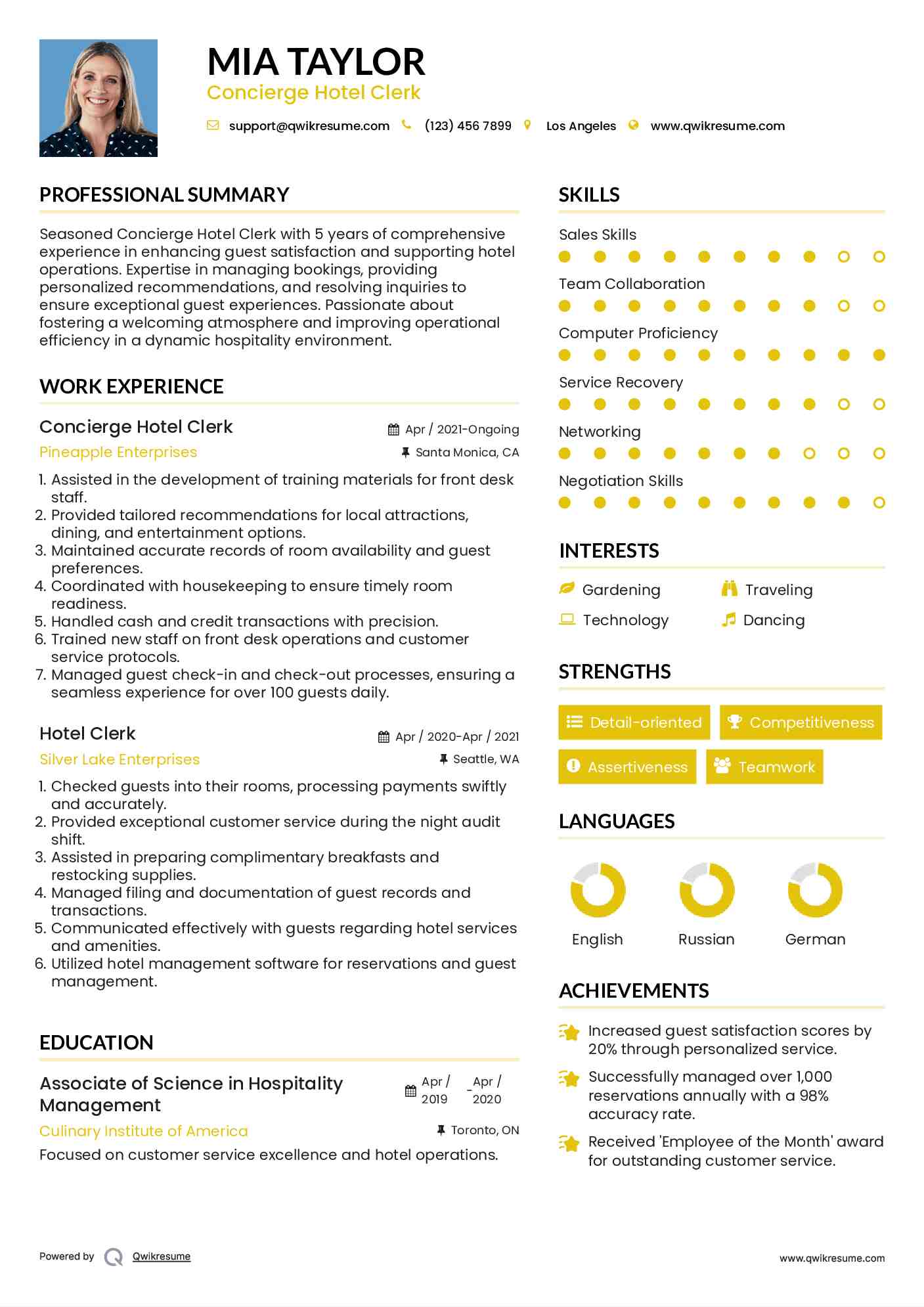 Concierge Hotel Clerk Resume Model