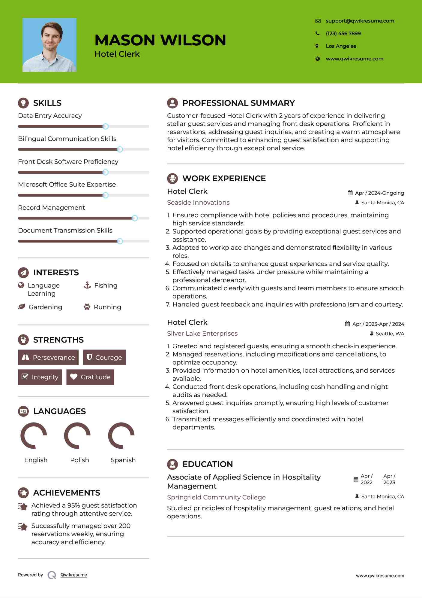 Hotel Clerk Resume Format