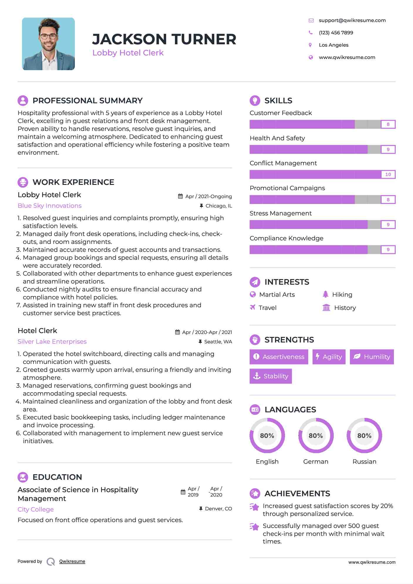 Lobby Hotel Clerk Resume Template