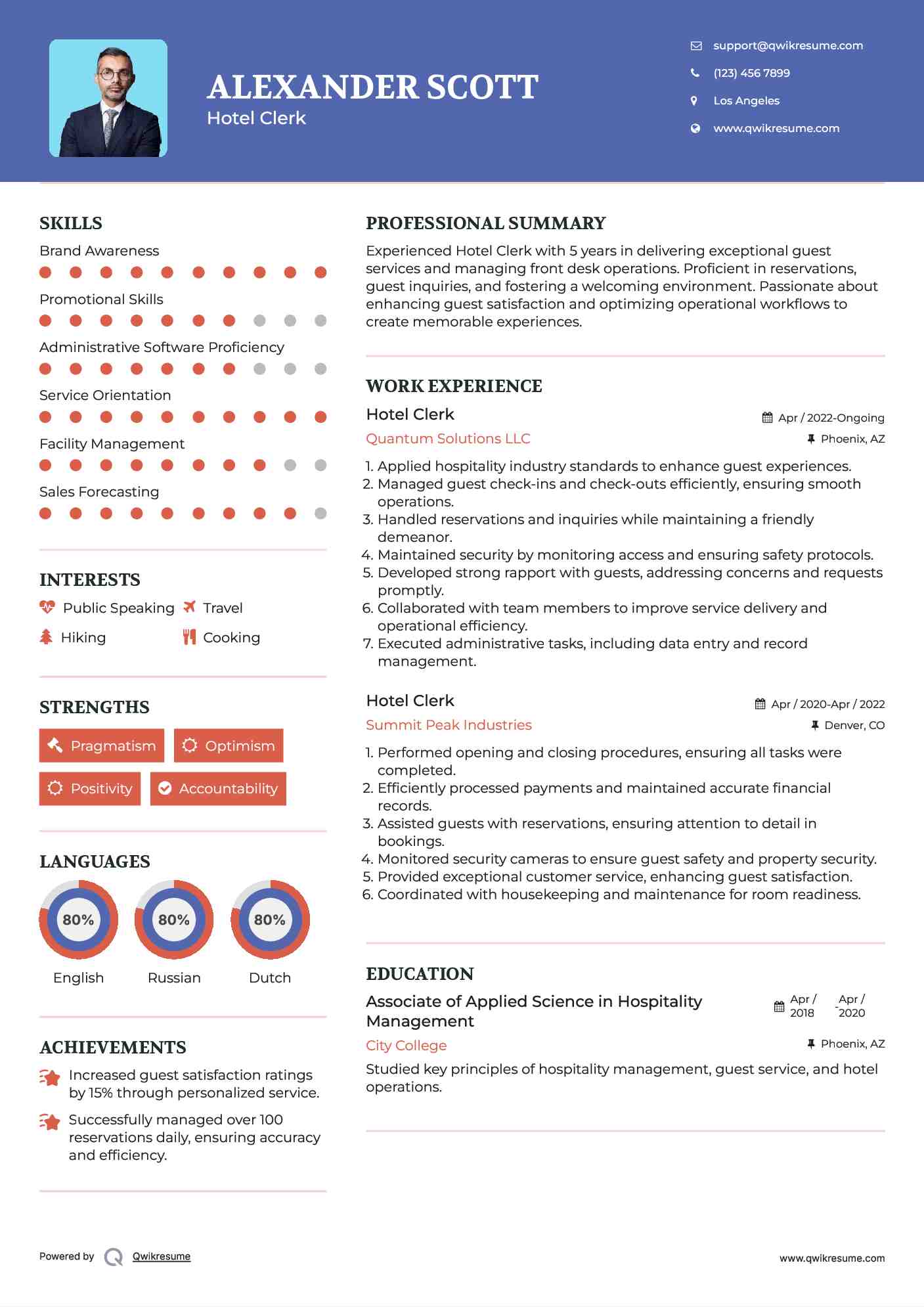 Hotel Clerk Resume Model