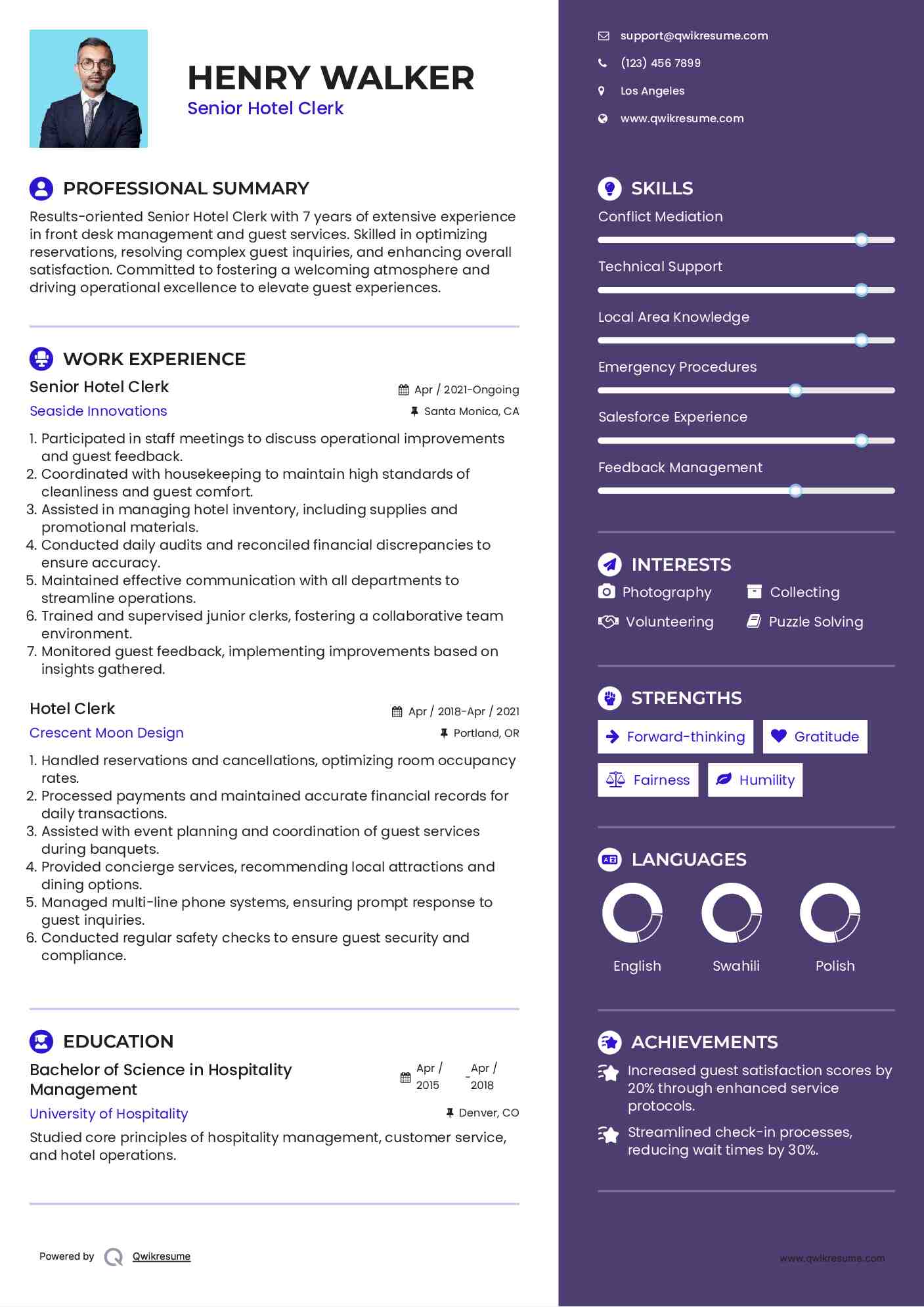 Senior Hotel Clerk Resume Template