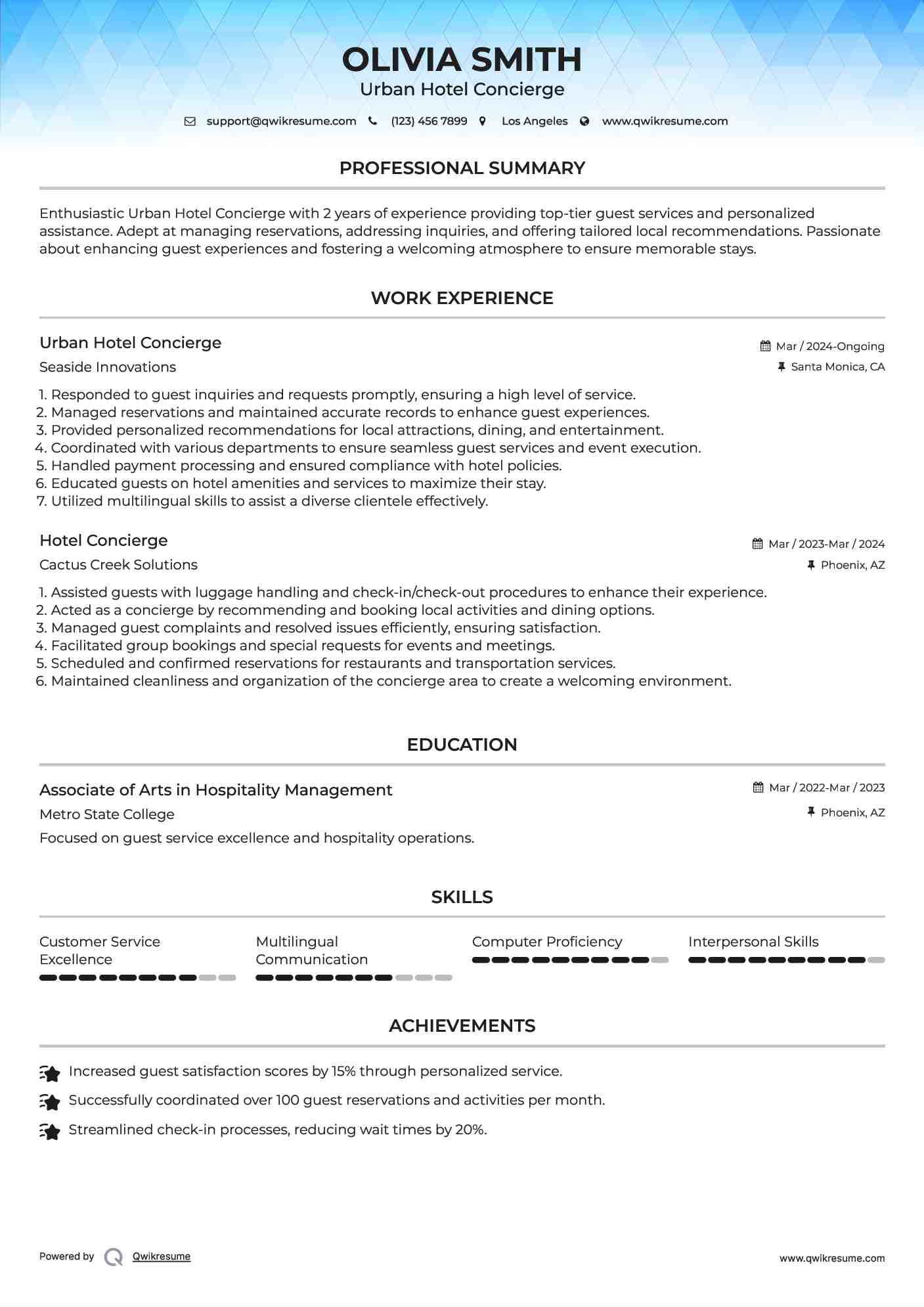 Urban Hotel Concierge Resume Sample