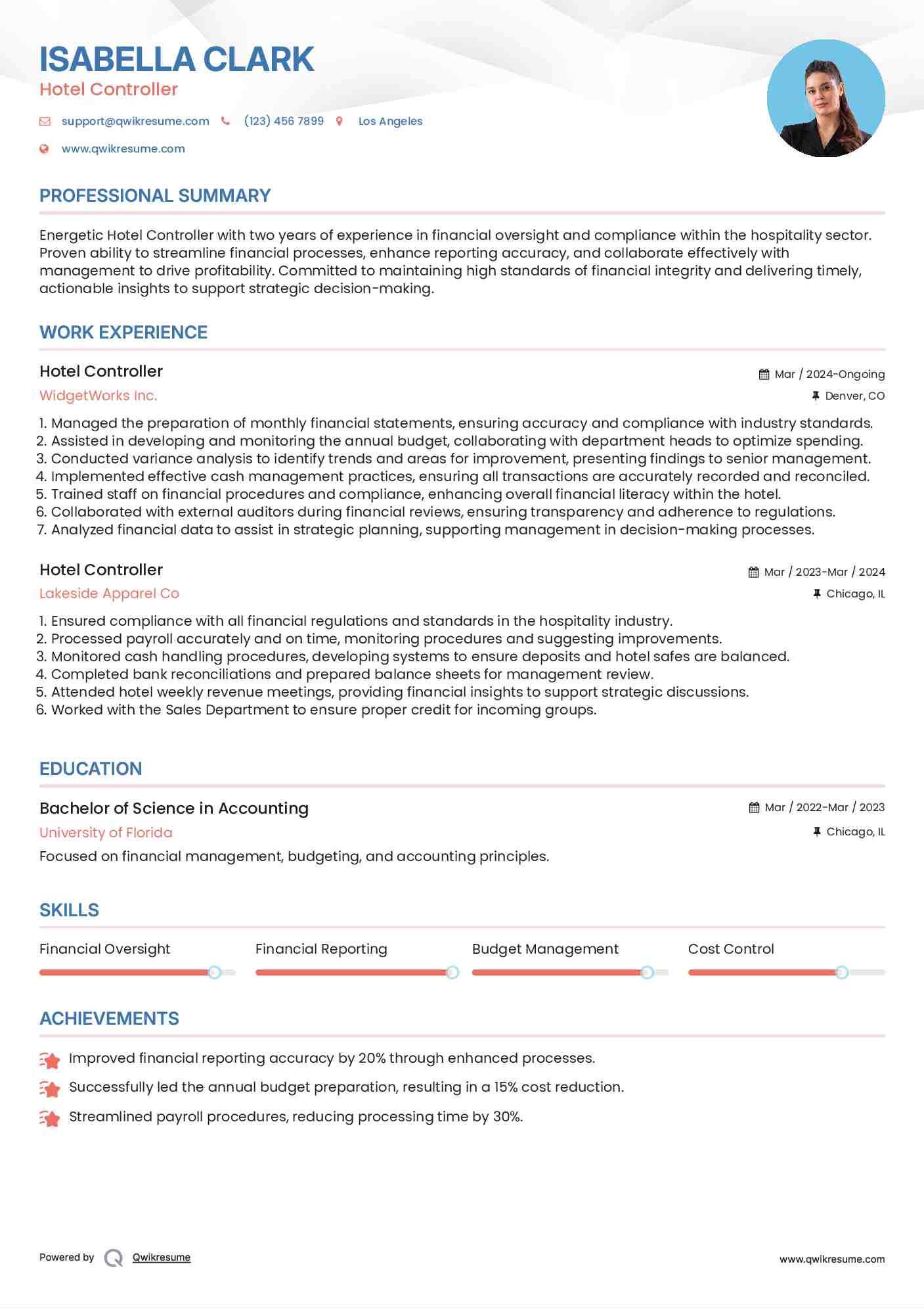 Hotel Controller Resume Example