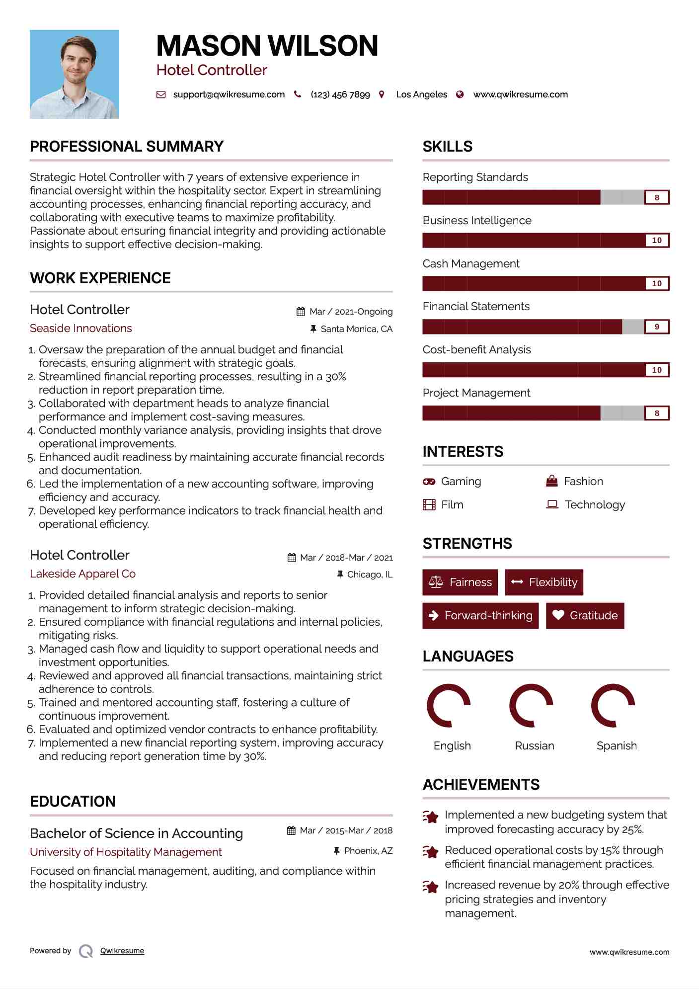 Hotel Controller Resume Sample