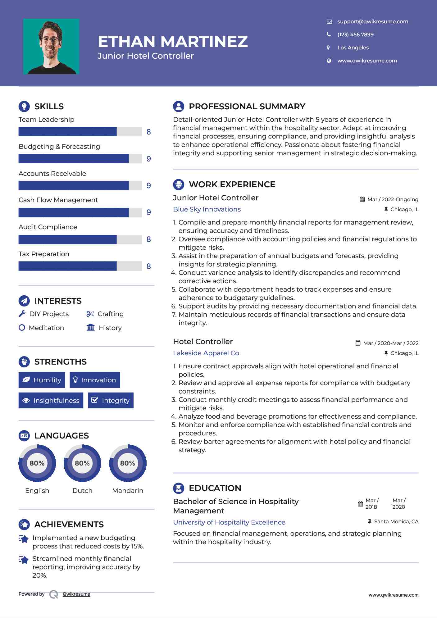 Junior Hotel Controller Resume Model