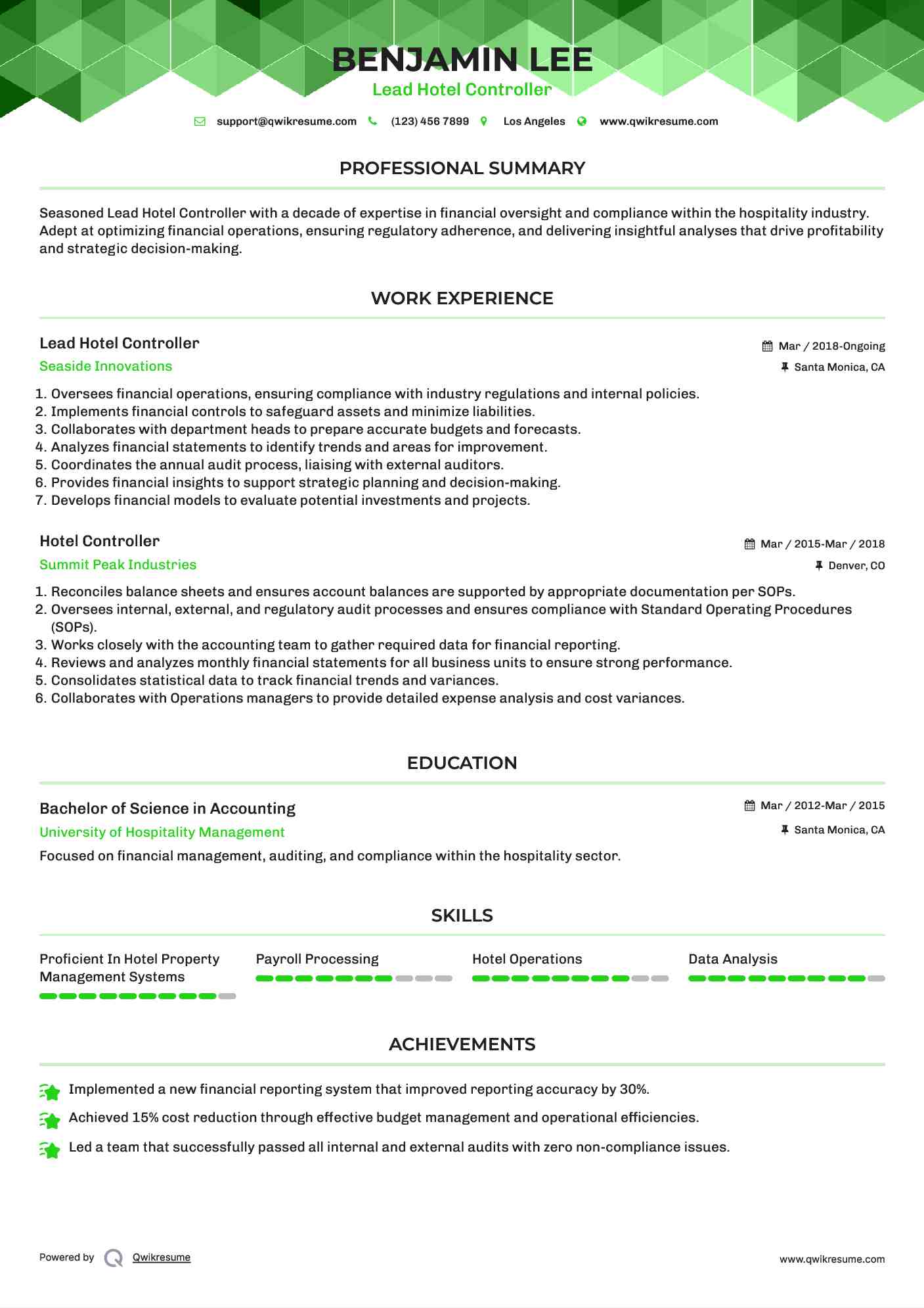 Lead Hotel Controller Resume Sample