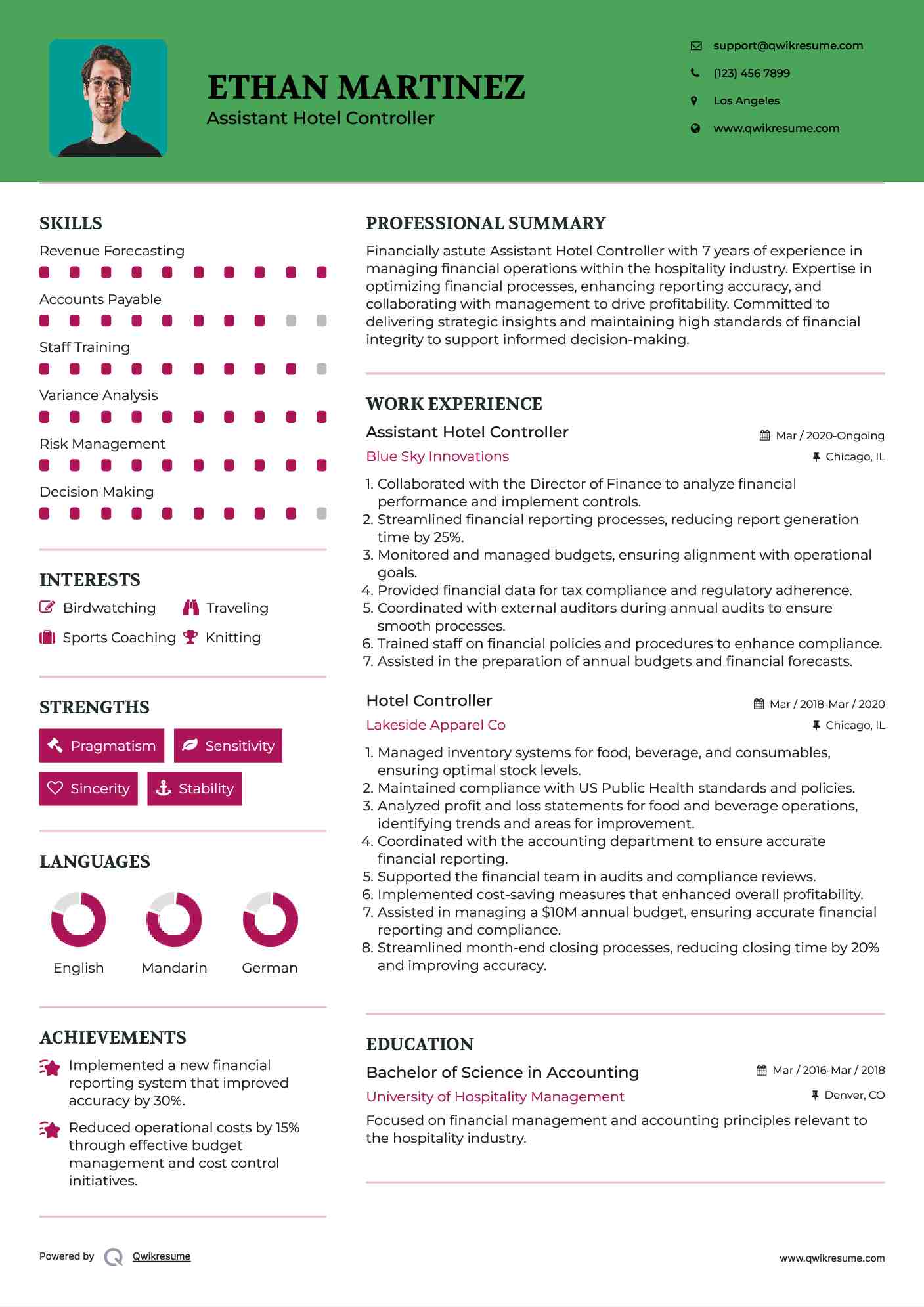 Assistant Hotel Controller Resume Model