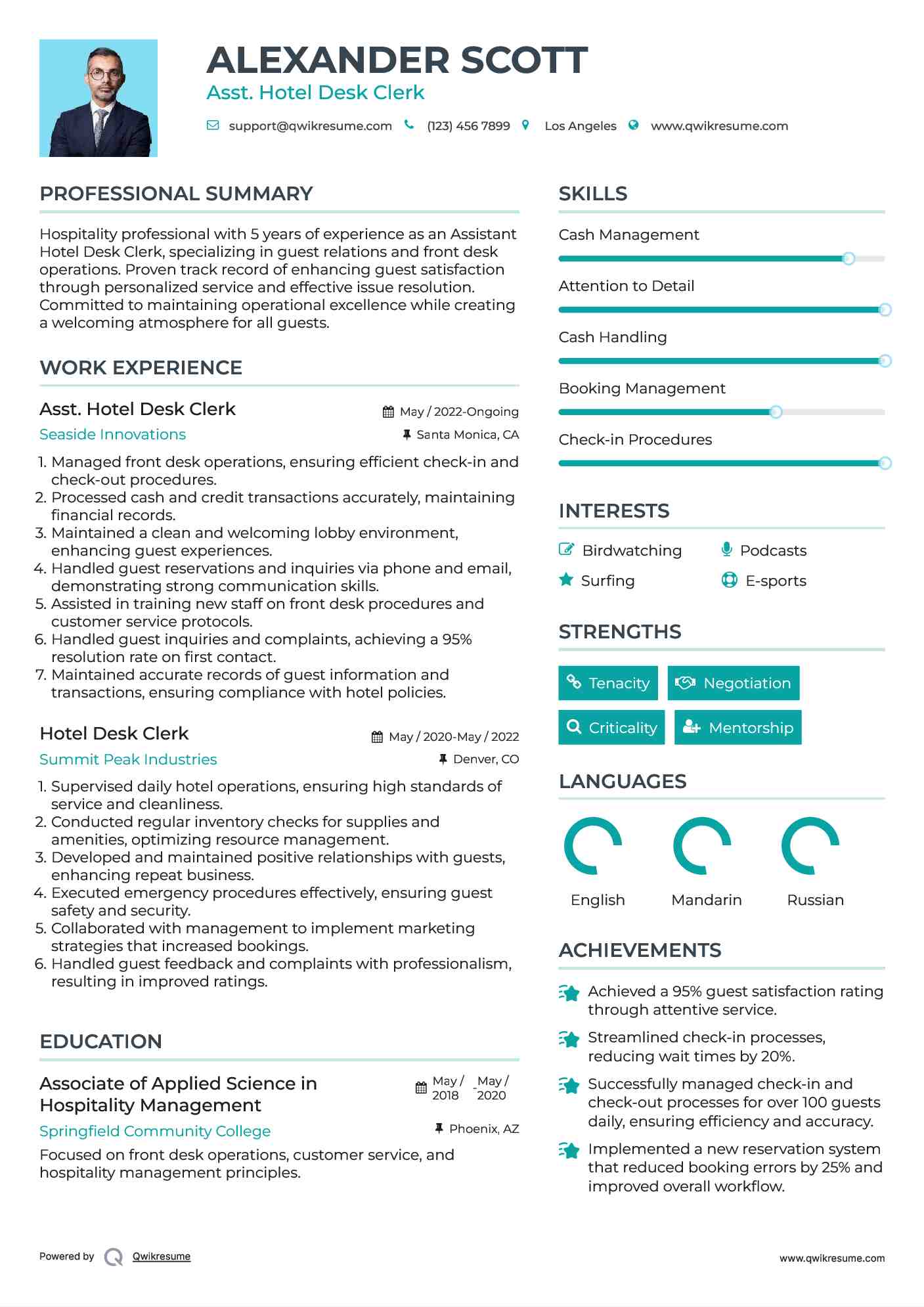 Asst. Hotel Desk Clerk Resume Sample