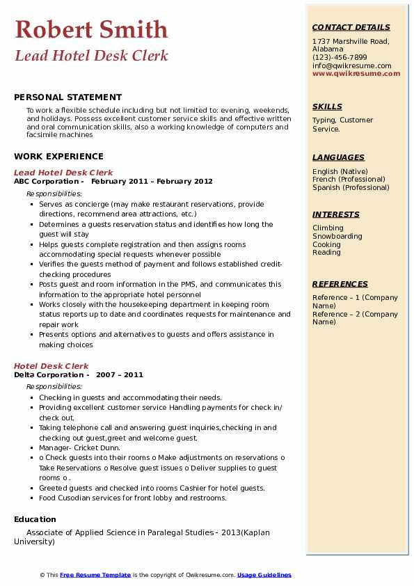 Hotel Desk Clerk Resume Samples QwikResume