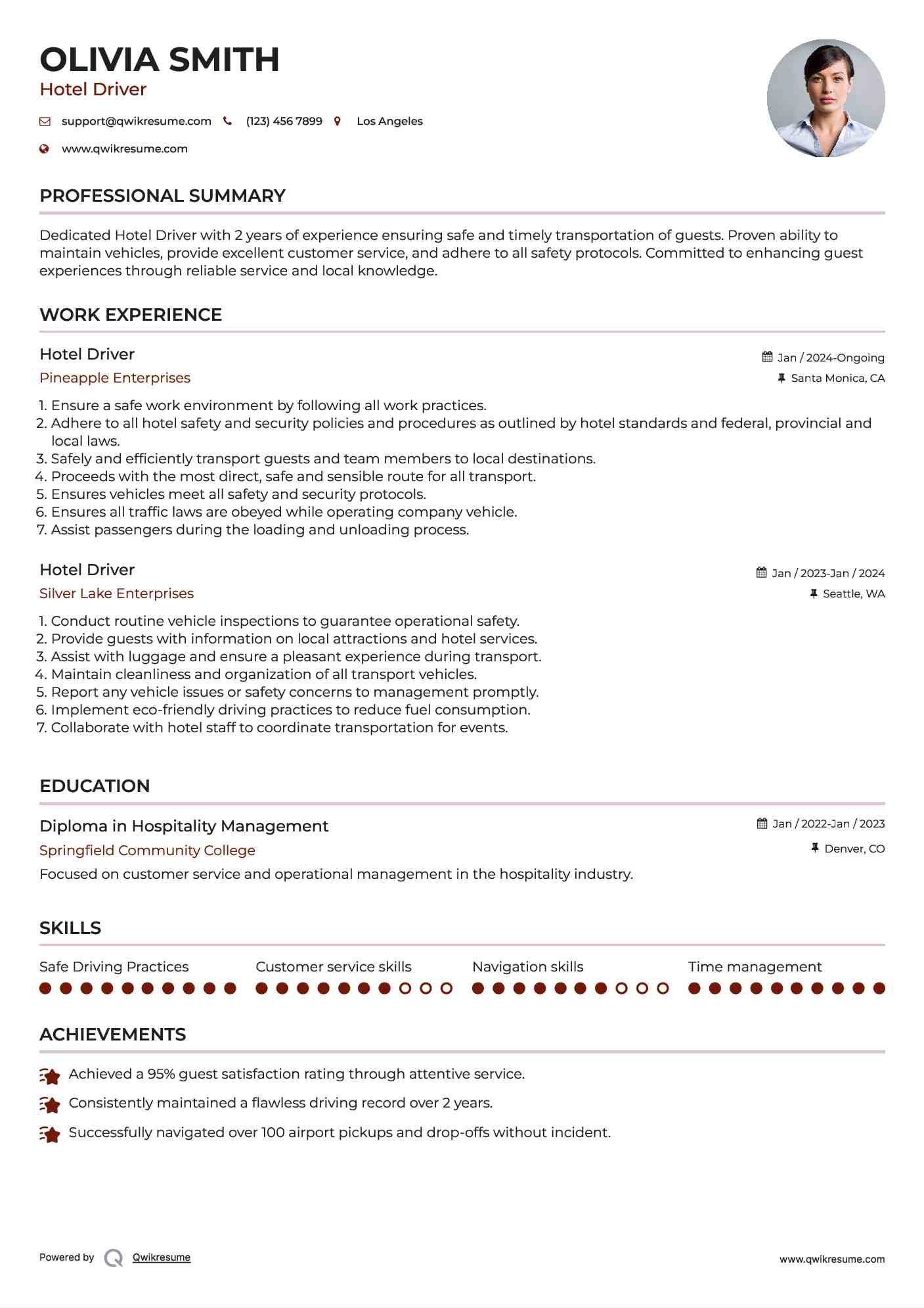 Hotel Driver Resume Example