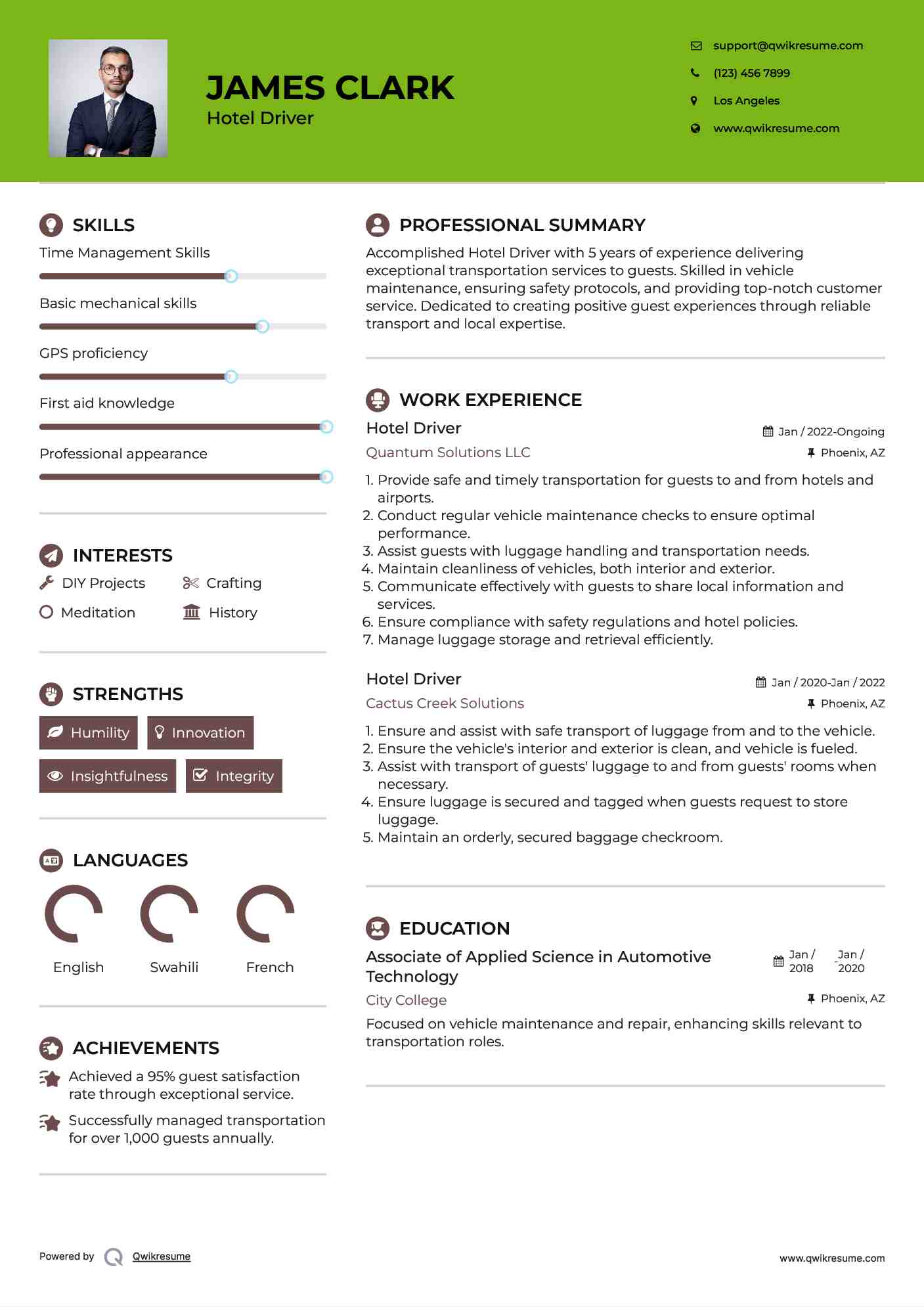 Hotel Driver Resume Model