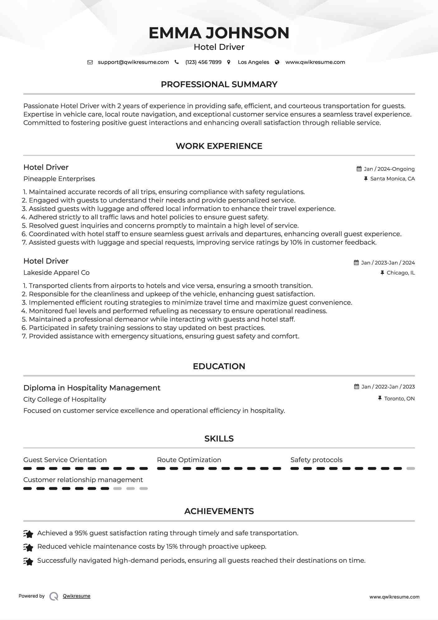 Hotel Driver Resume Template