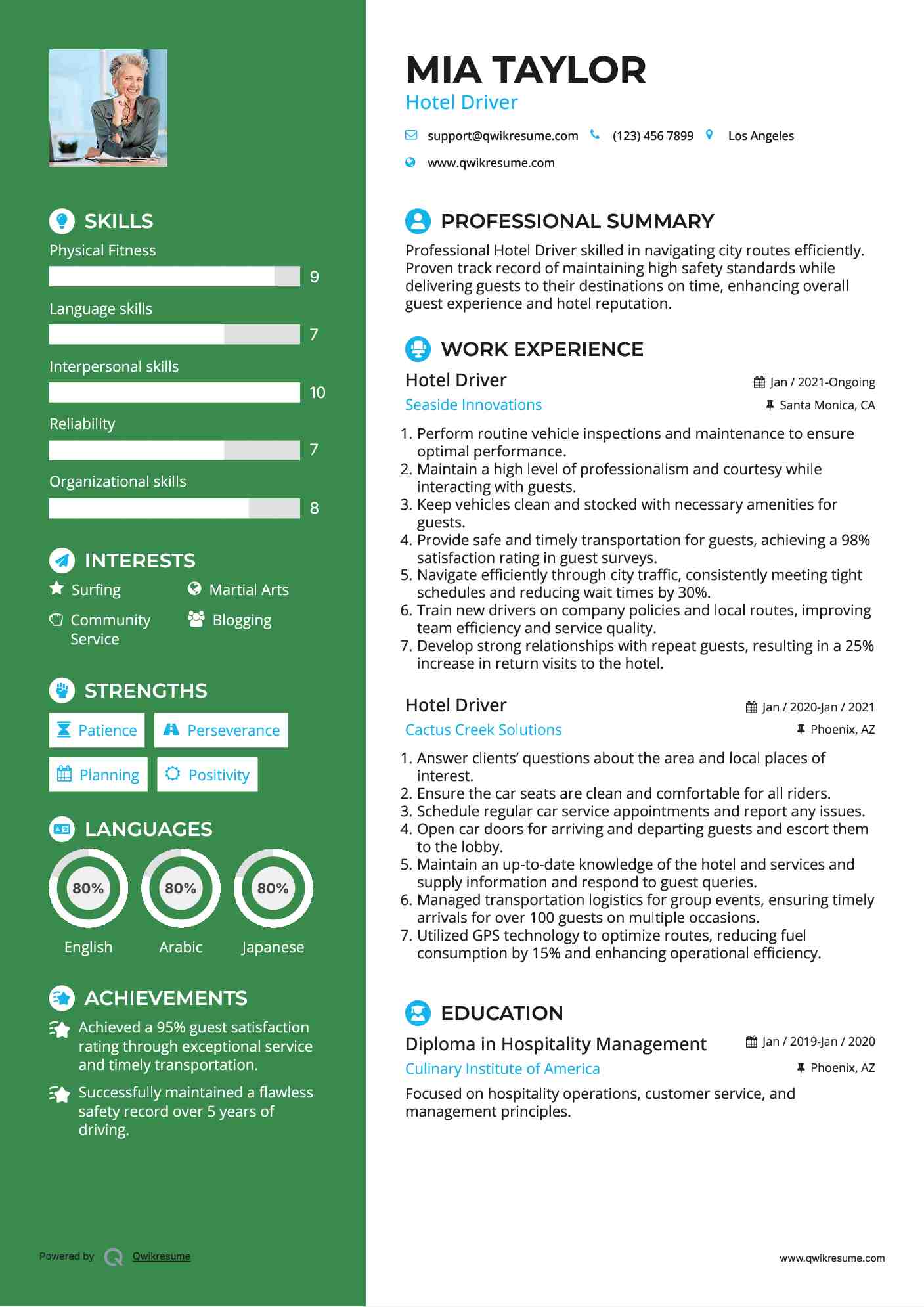 Hotel Driver Resume Example