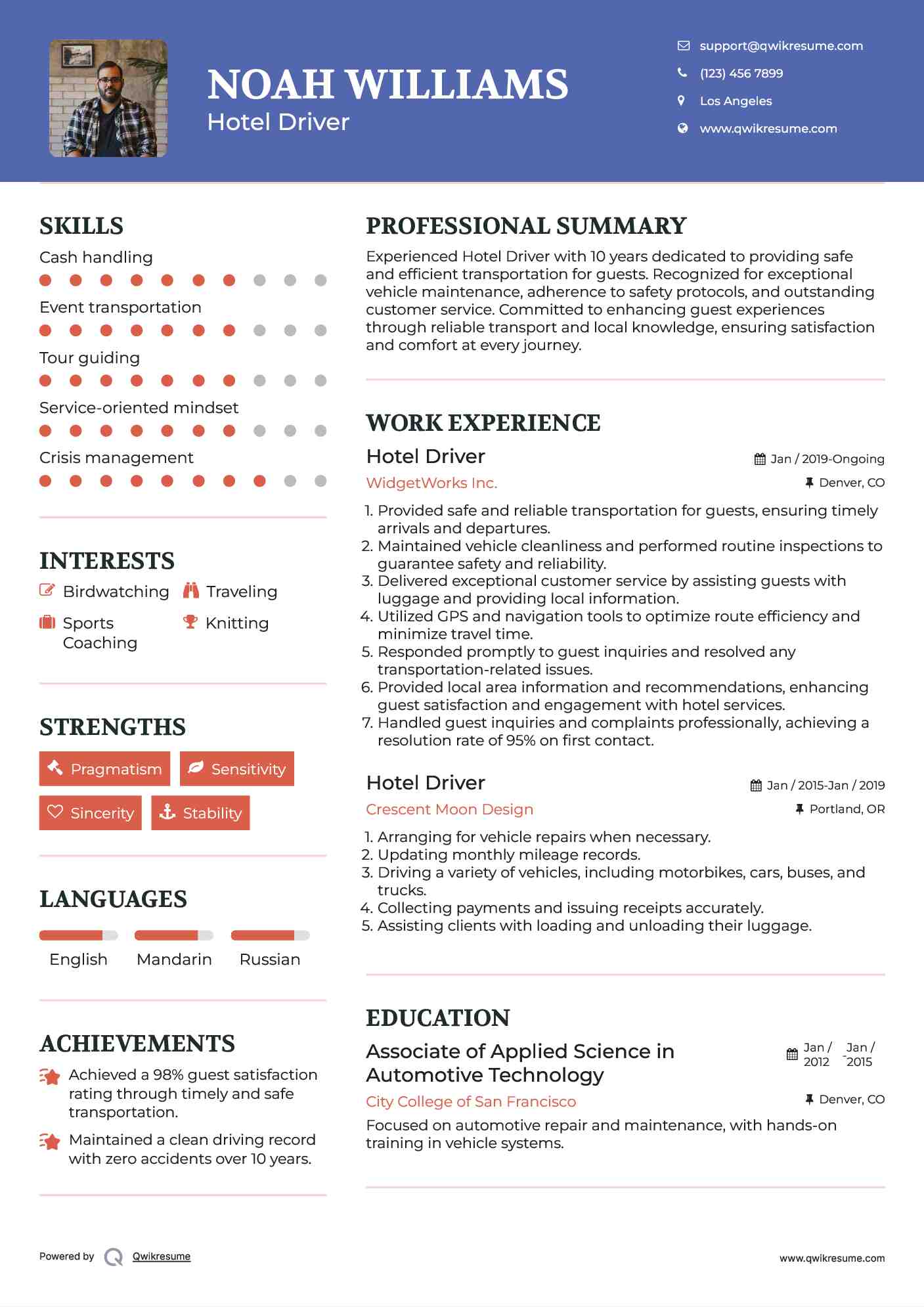 Hotel Driver Resume Sample