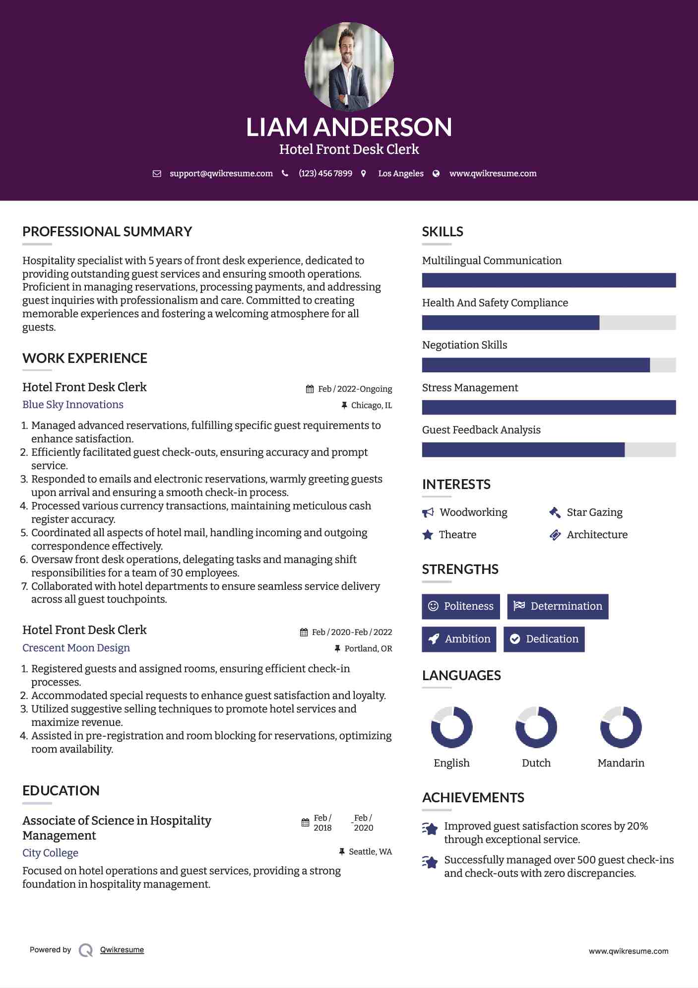Hotel Front Desk Clerk Resume Samples QwikResume