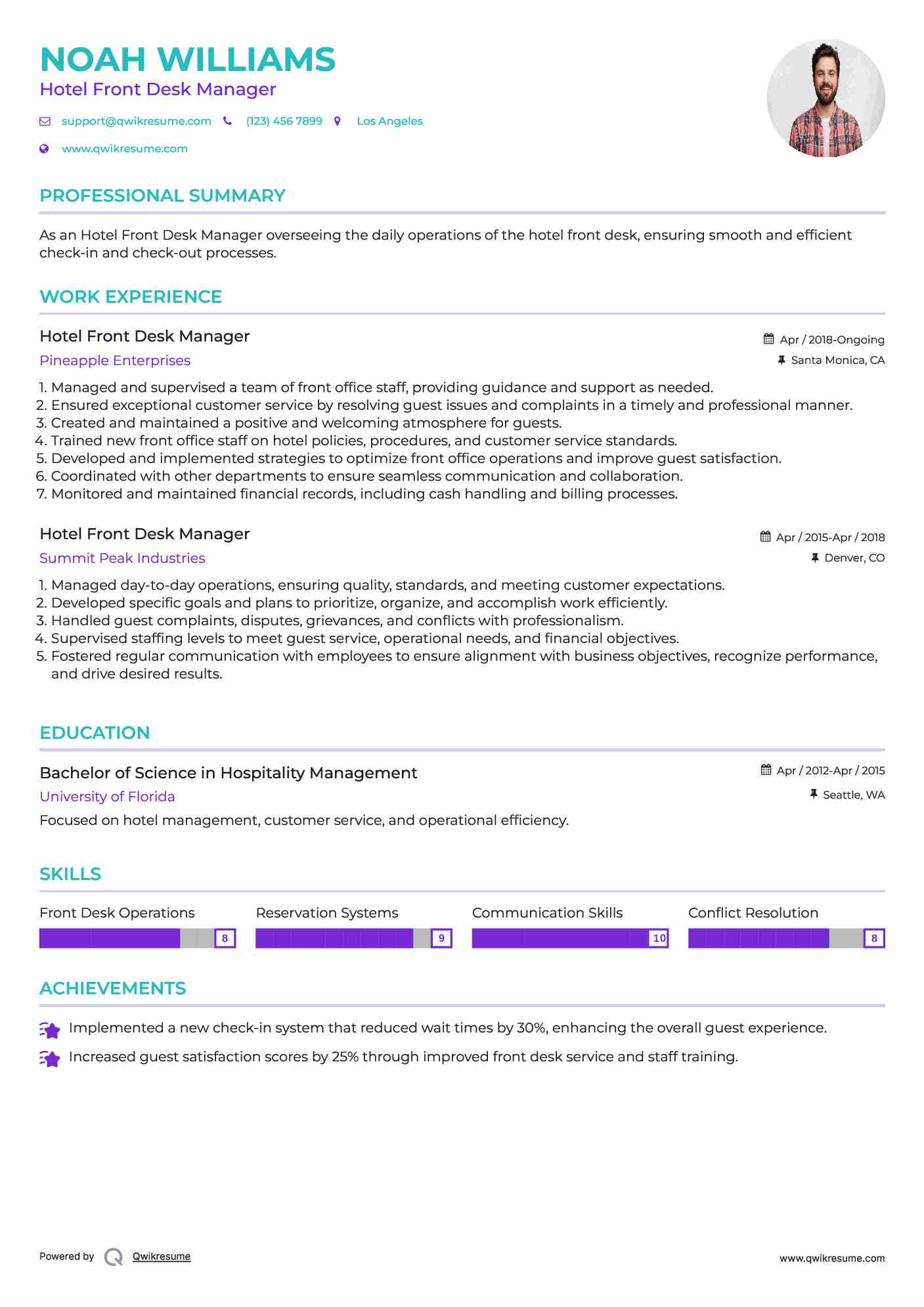 Hotel Front Desk Manager Resume Sample