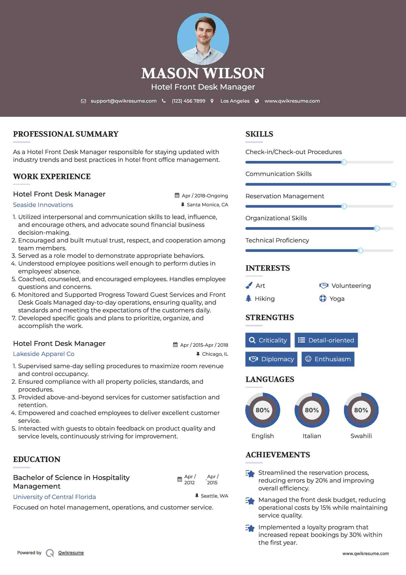 Hotel Front Desk Manager Resume Format