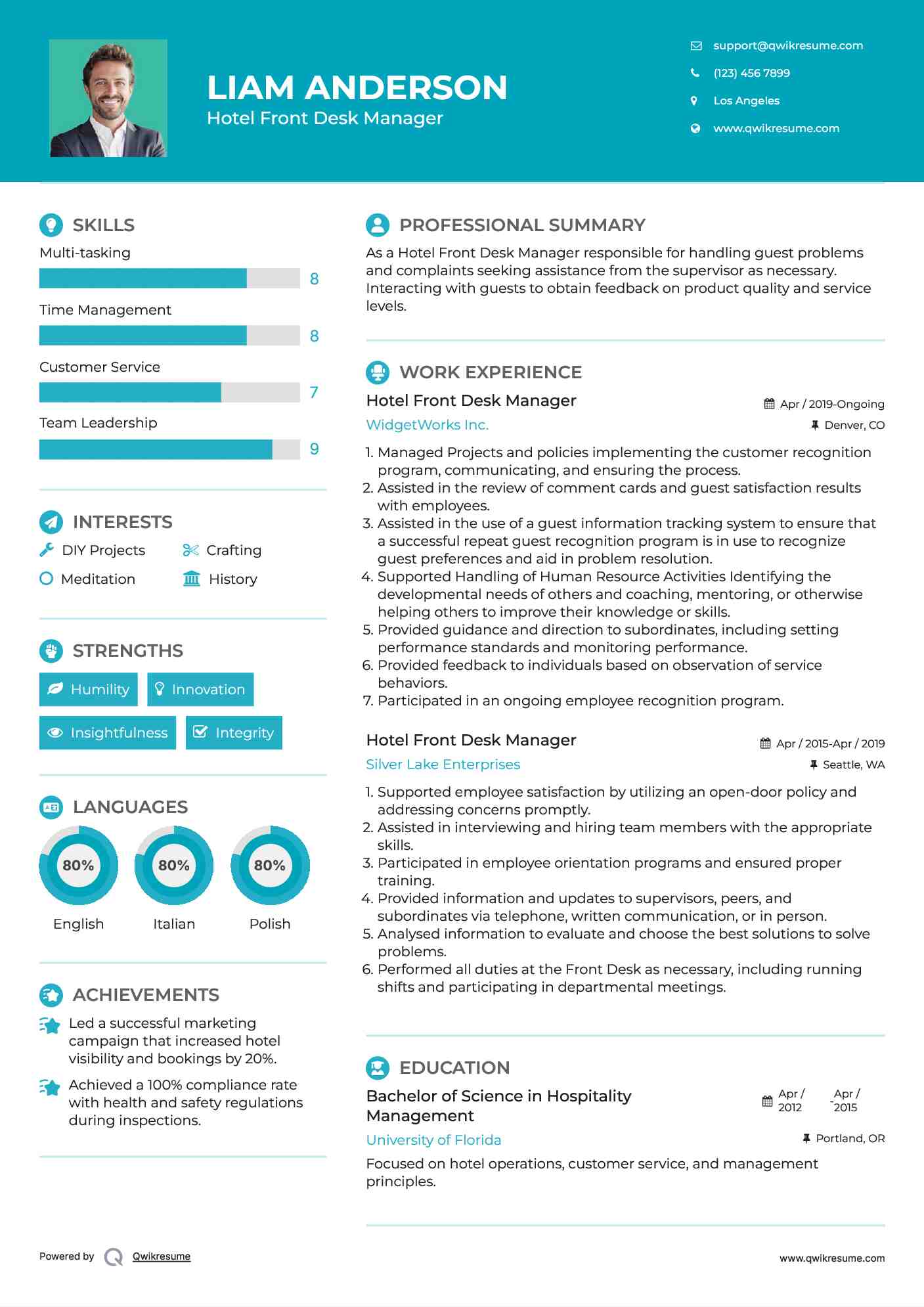 Hotel Front Desk Manager Resume Template