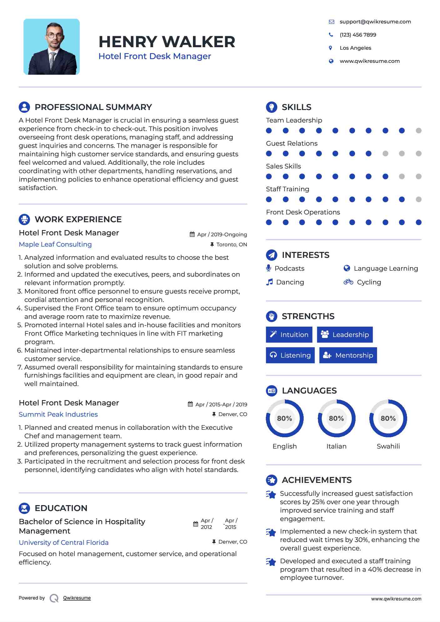 Hotel Front Desk Manager Resume Template