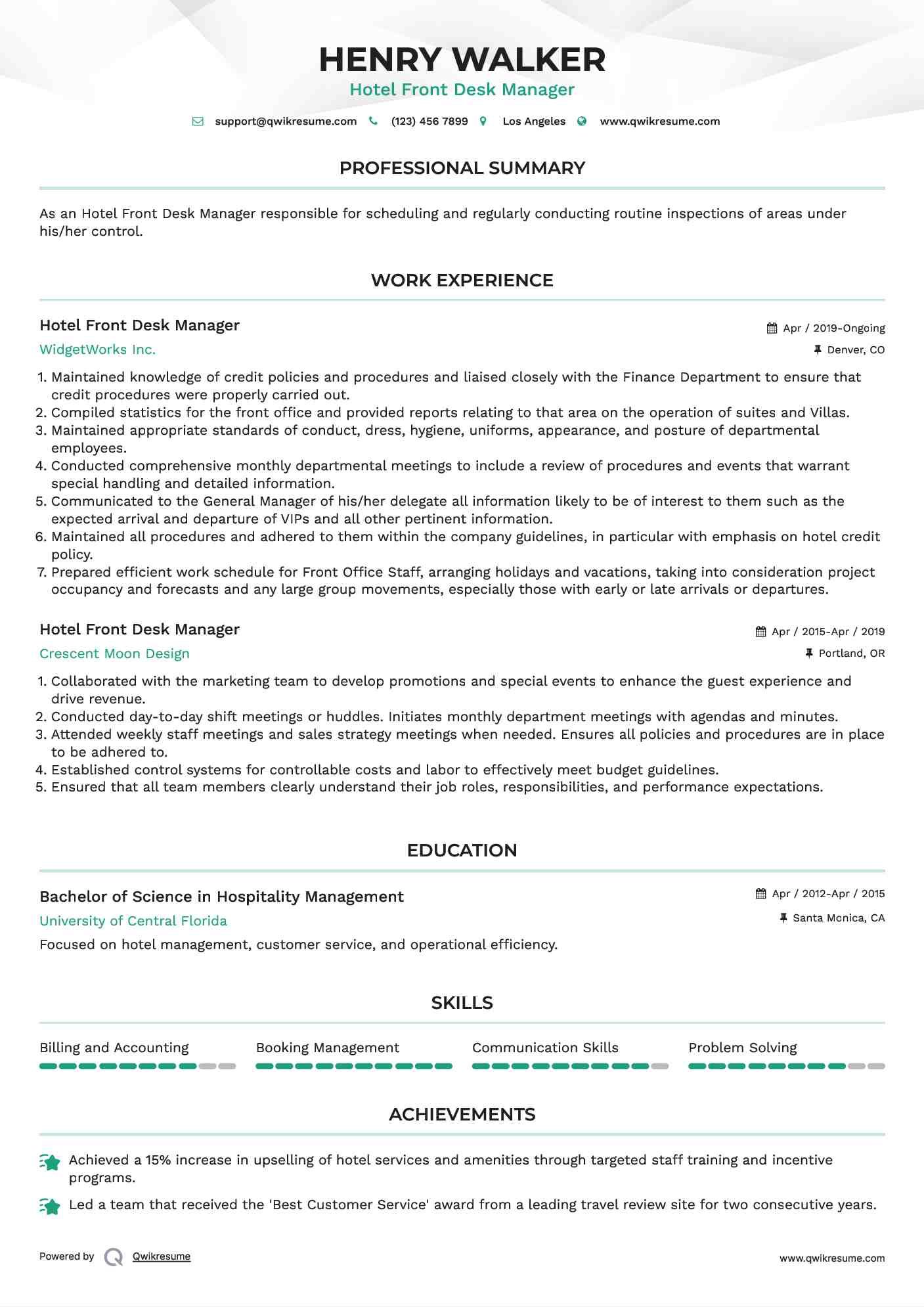 Hotel Front Desk Manager Resume Example
