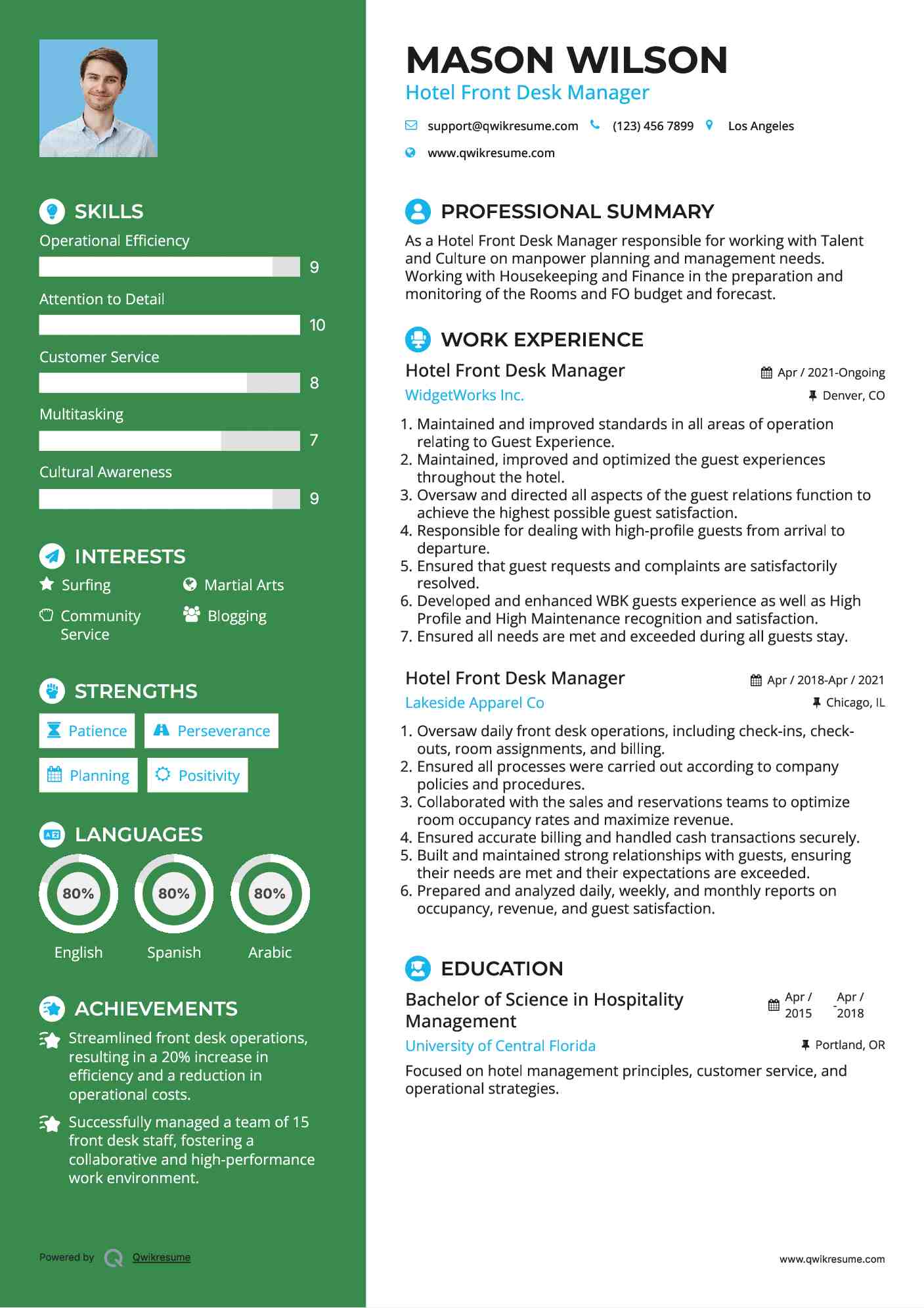 Hotel Front Desk Manager Resume Template