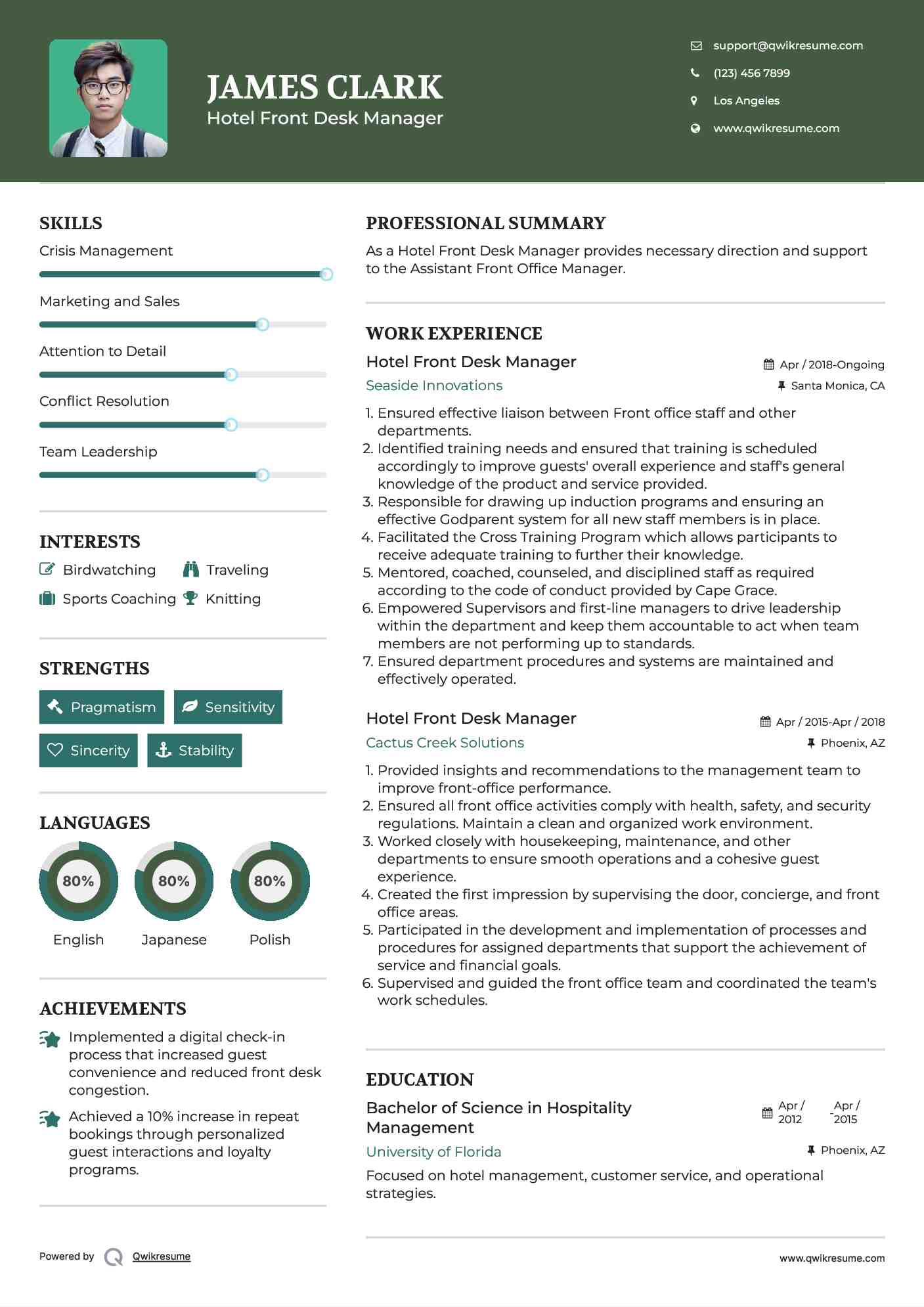 Hotel Front Desk Manager Resume Template