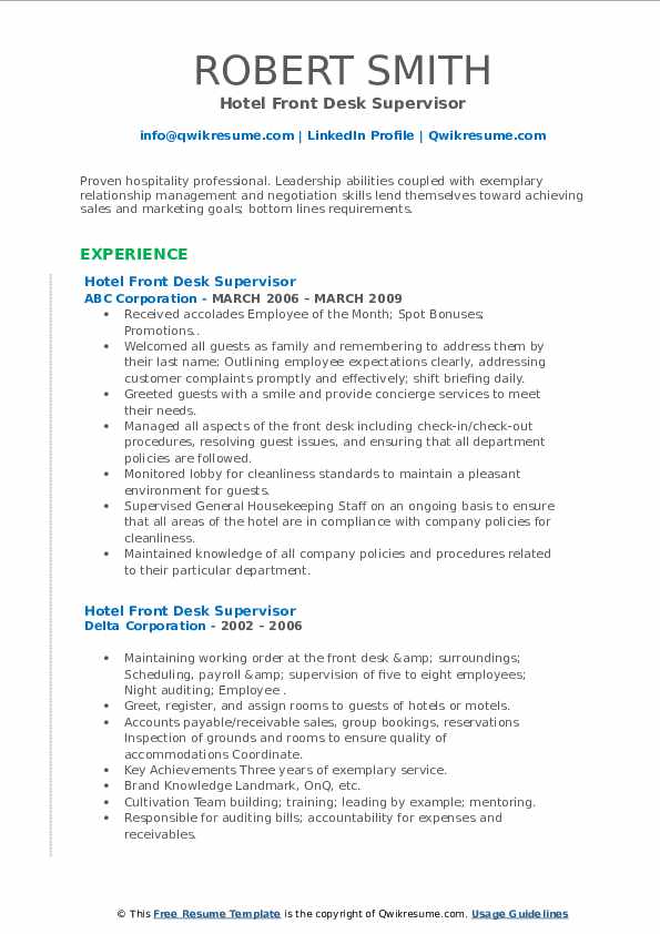 Hotel Front Desk Supervisor Resume Samples QwikResume