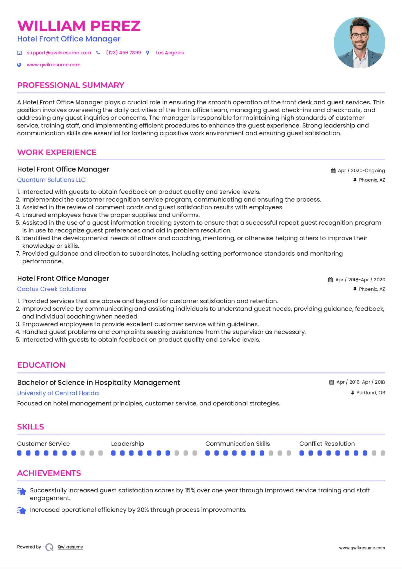 Hotel Front Office Manager Resume Format
