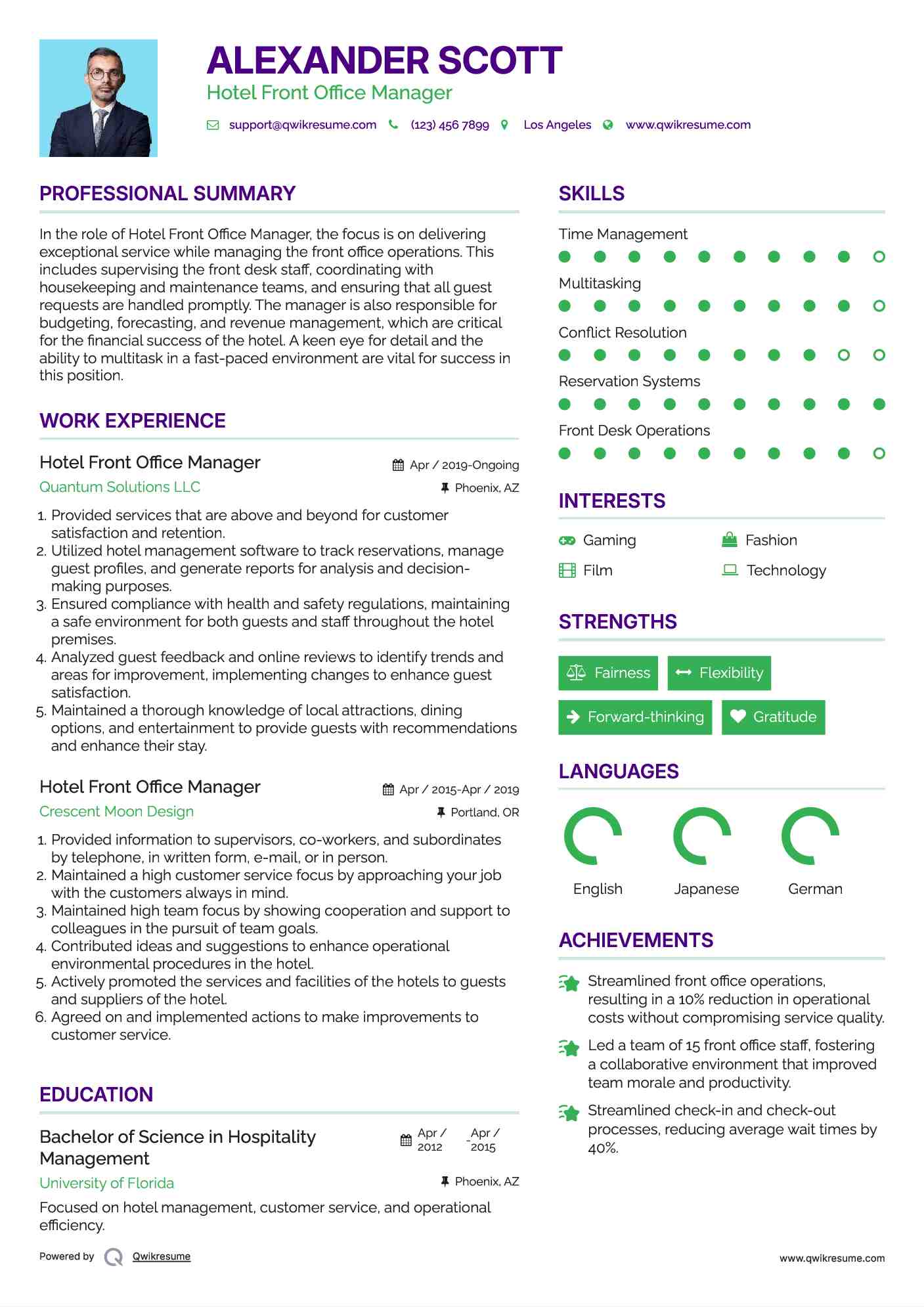 Hotel Front Office Manager Resume Model