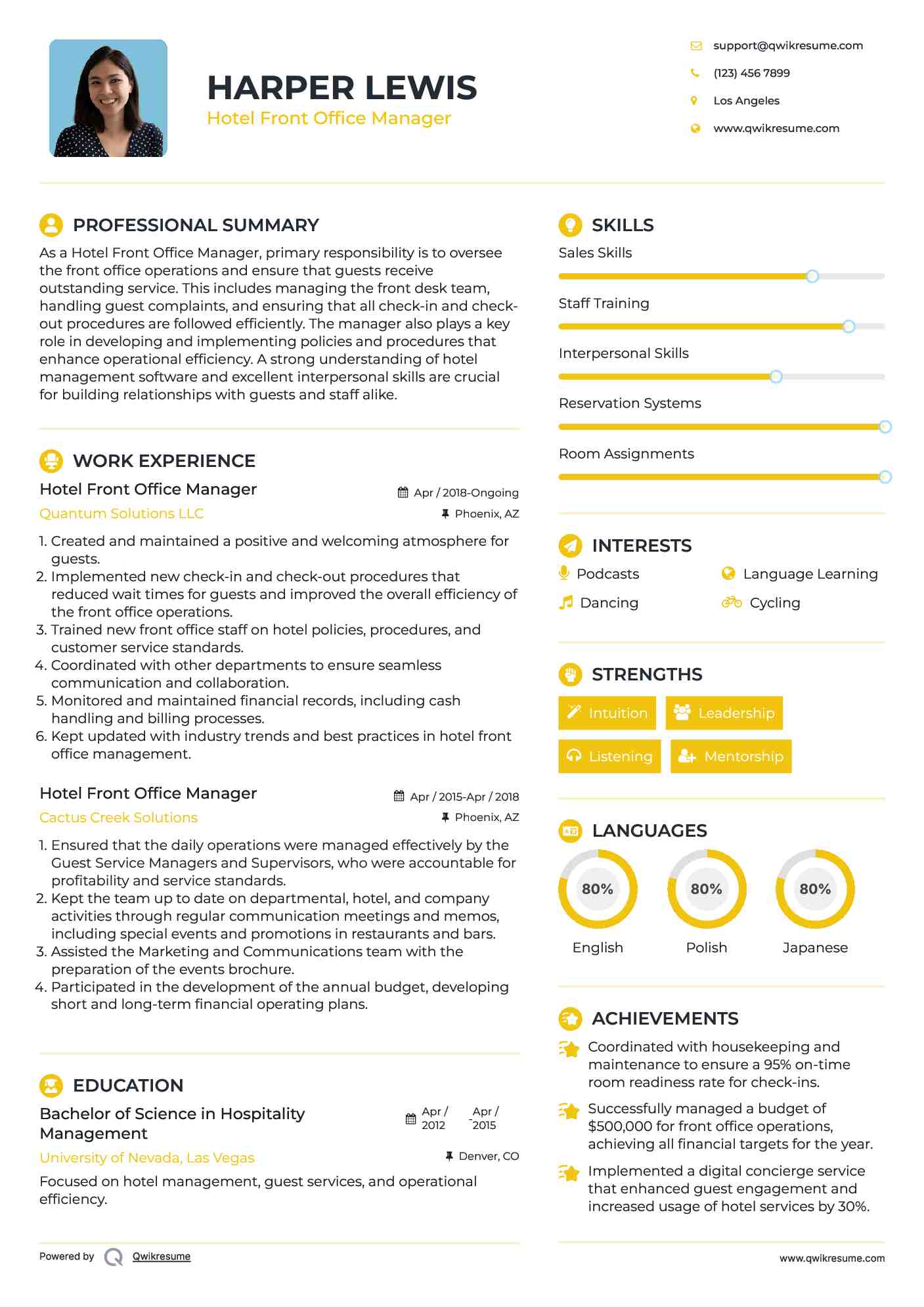 Hotel Front Office Manager Resume Sample