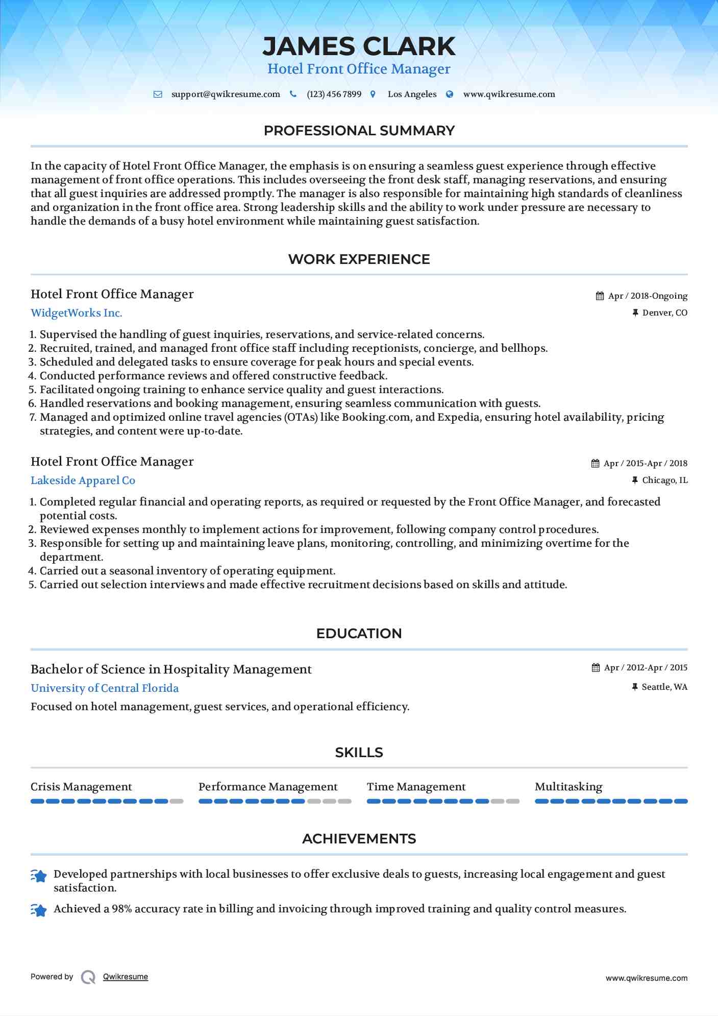 Hotel Front Office Manager Resume Model