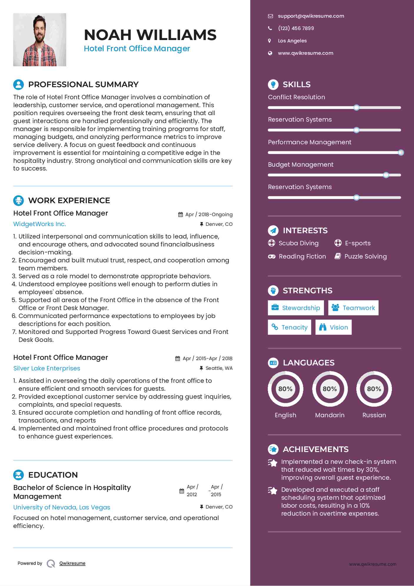 Hotel Front Office Manager Resume Example