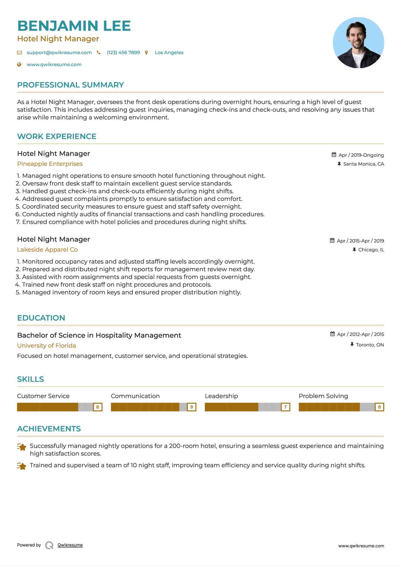 Hotel Night Manager Resume Model