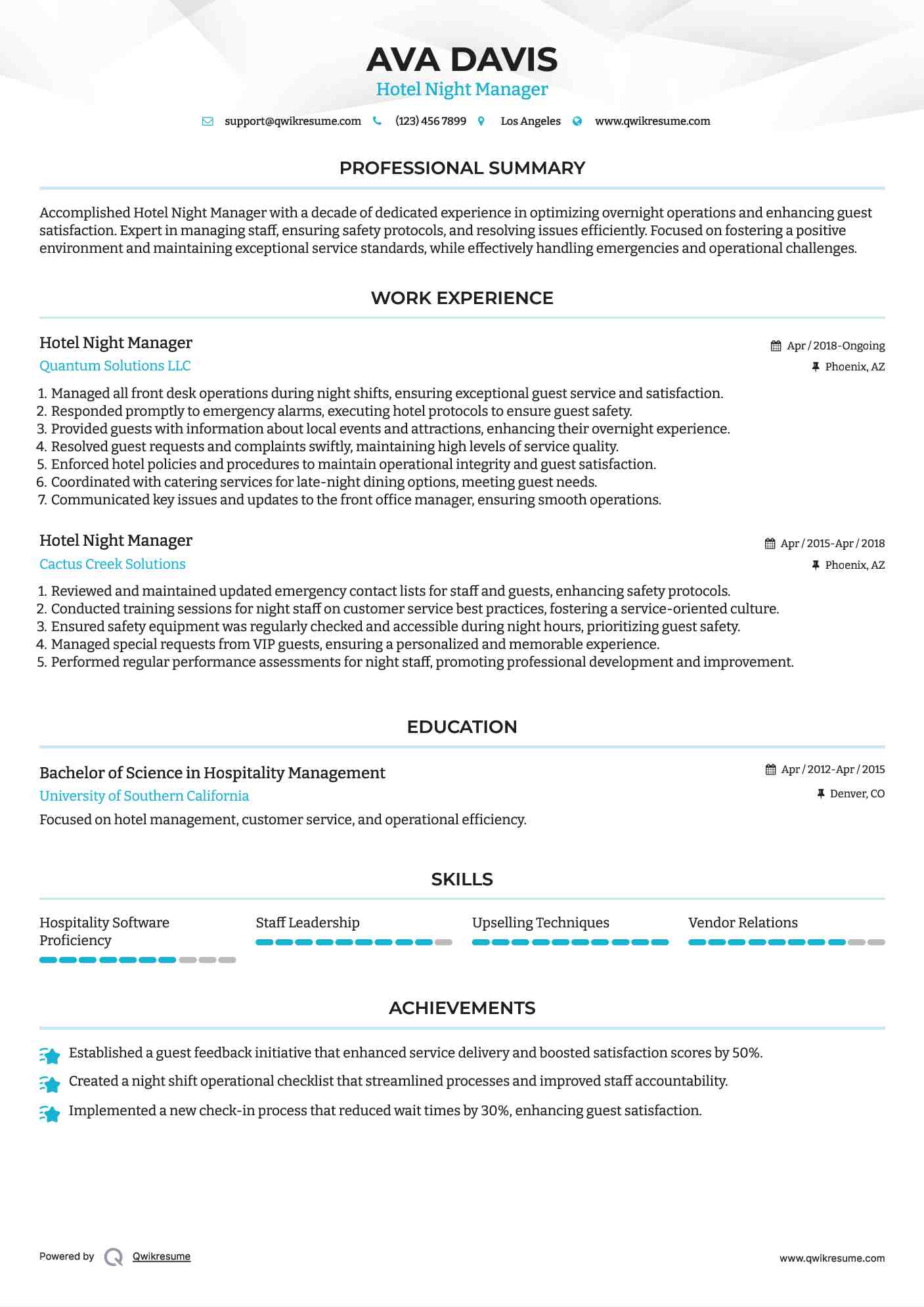 Hotel Night Manager Resume Sample