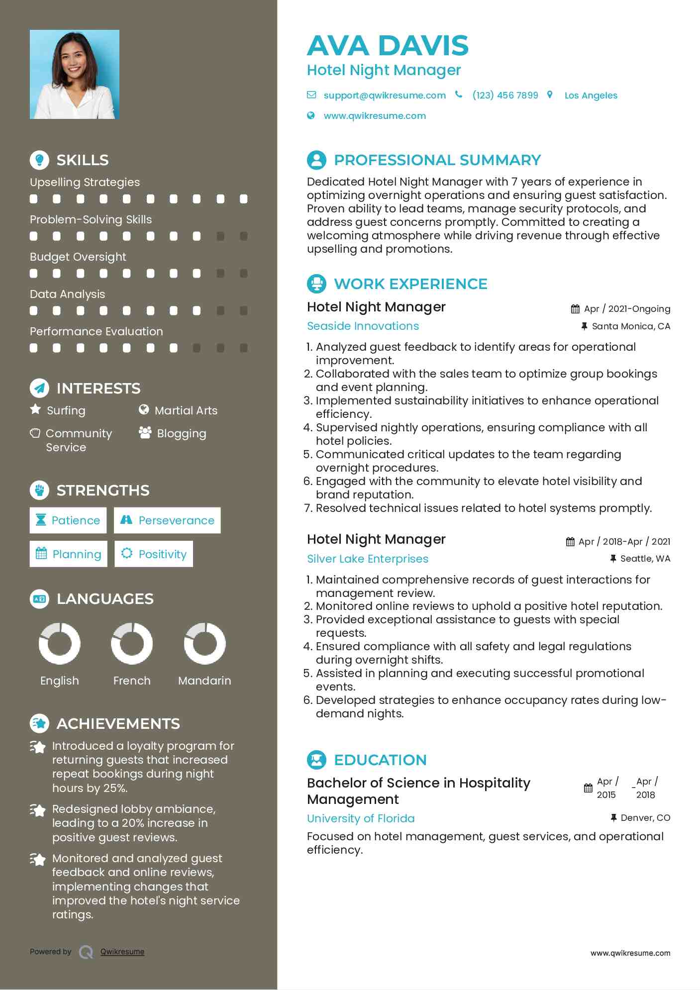 Hotel Night Manager Resume Example