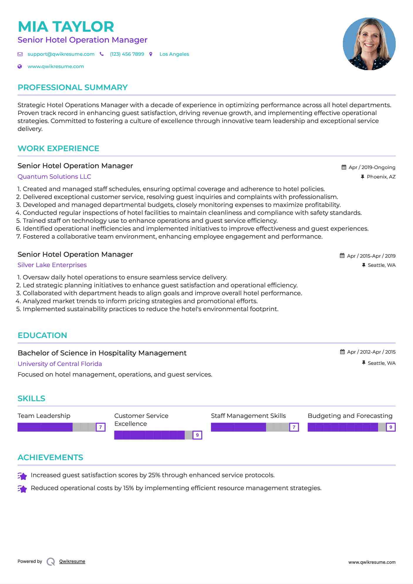 Senior Hotel Operation Manager Resume Example